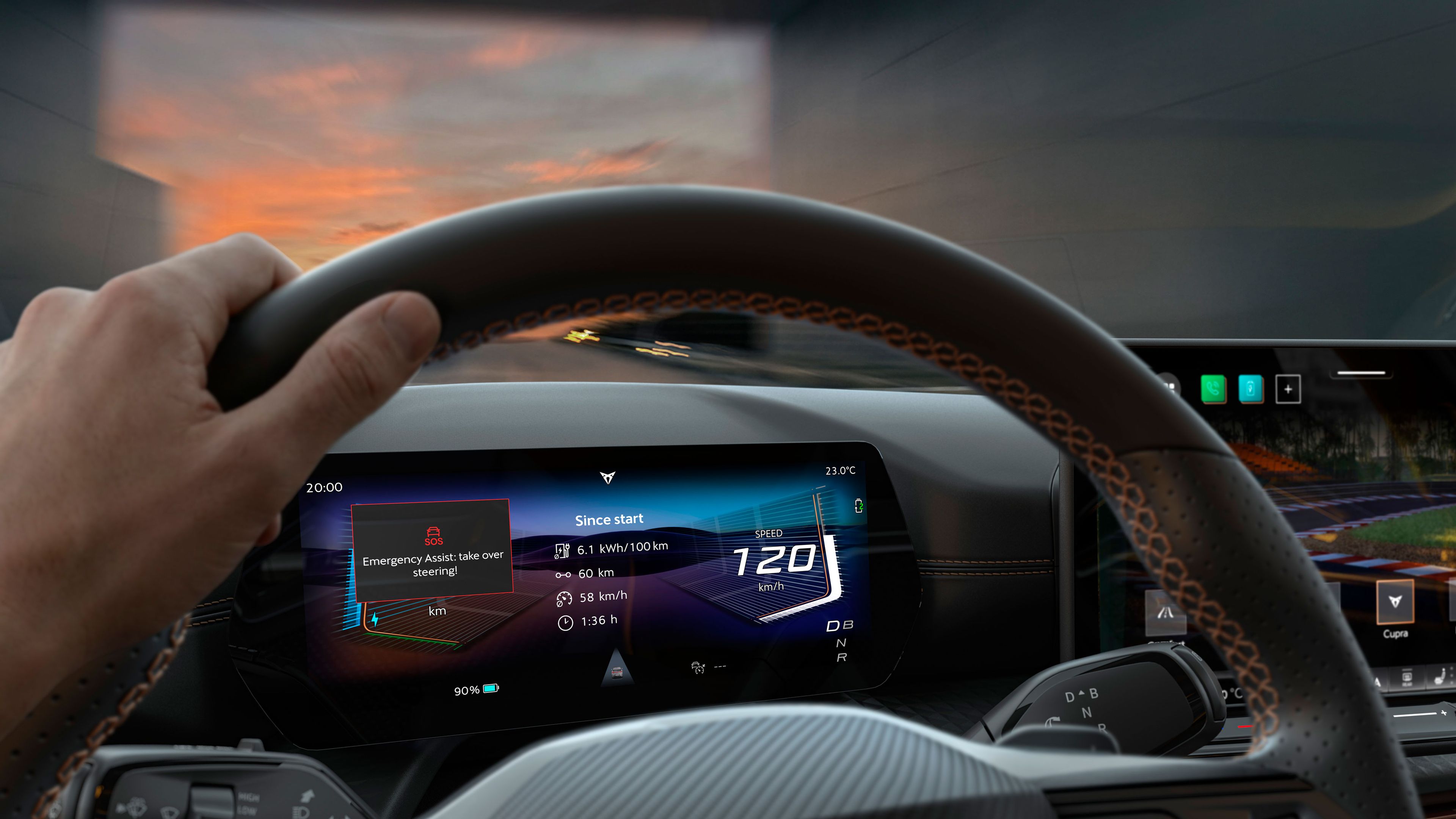 Pohľad na digitálny prístrojový panel a funkciu Emergency Assist 3.6 v modeli CUPRA Born, ktorá zvyšuje bezpečnosť za volantom.