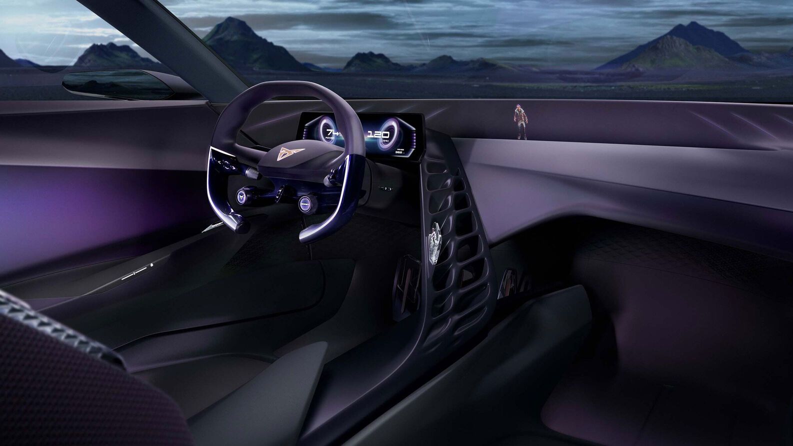 Futuristický interiér auta s avantgardným dizajnom. Volant je osvetlený a digitálny prístrojový panel ukazuje rôzne údaje. V pozadí je krajina s horami.
