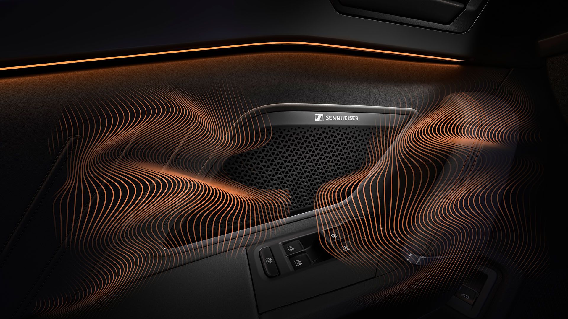 Detail na kvalitný reproduktor značky Sennheiser a elegantné ambientné osvetlenie. Oranžové línie naznačujú šírenie vĺn.