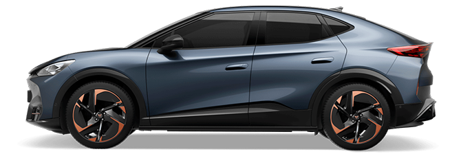 CUPRA Tavascan z bočného pohľadu na bielom pozadí.