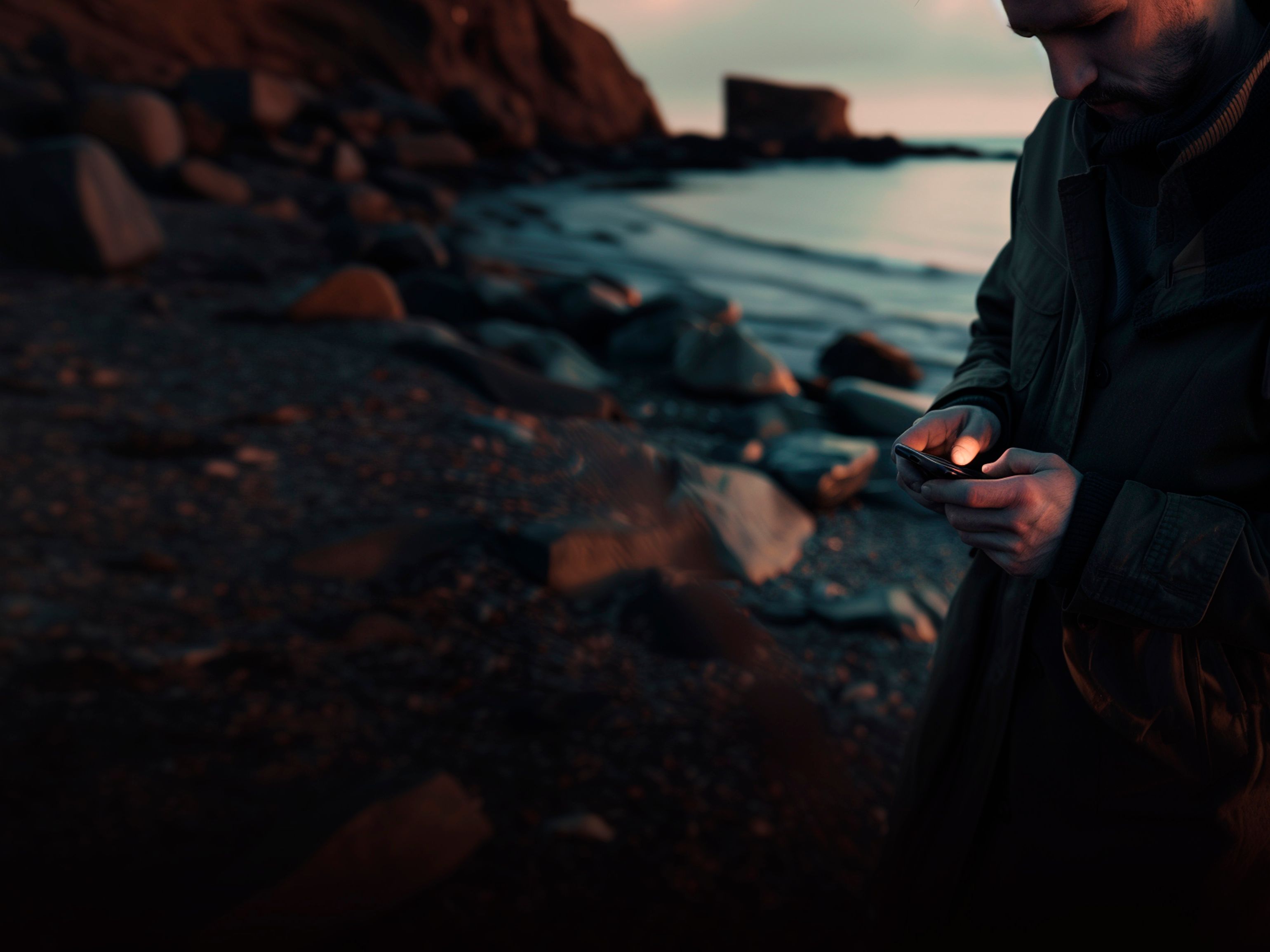 Osoba stojí na kamenistom brehu mora, drží telefón a pozerá sa na displej. V pozadí je skalnaté pobrežie počas súmraku.