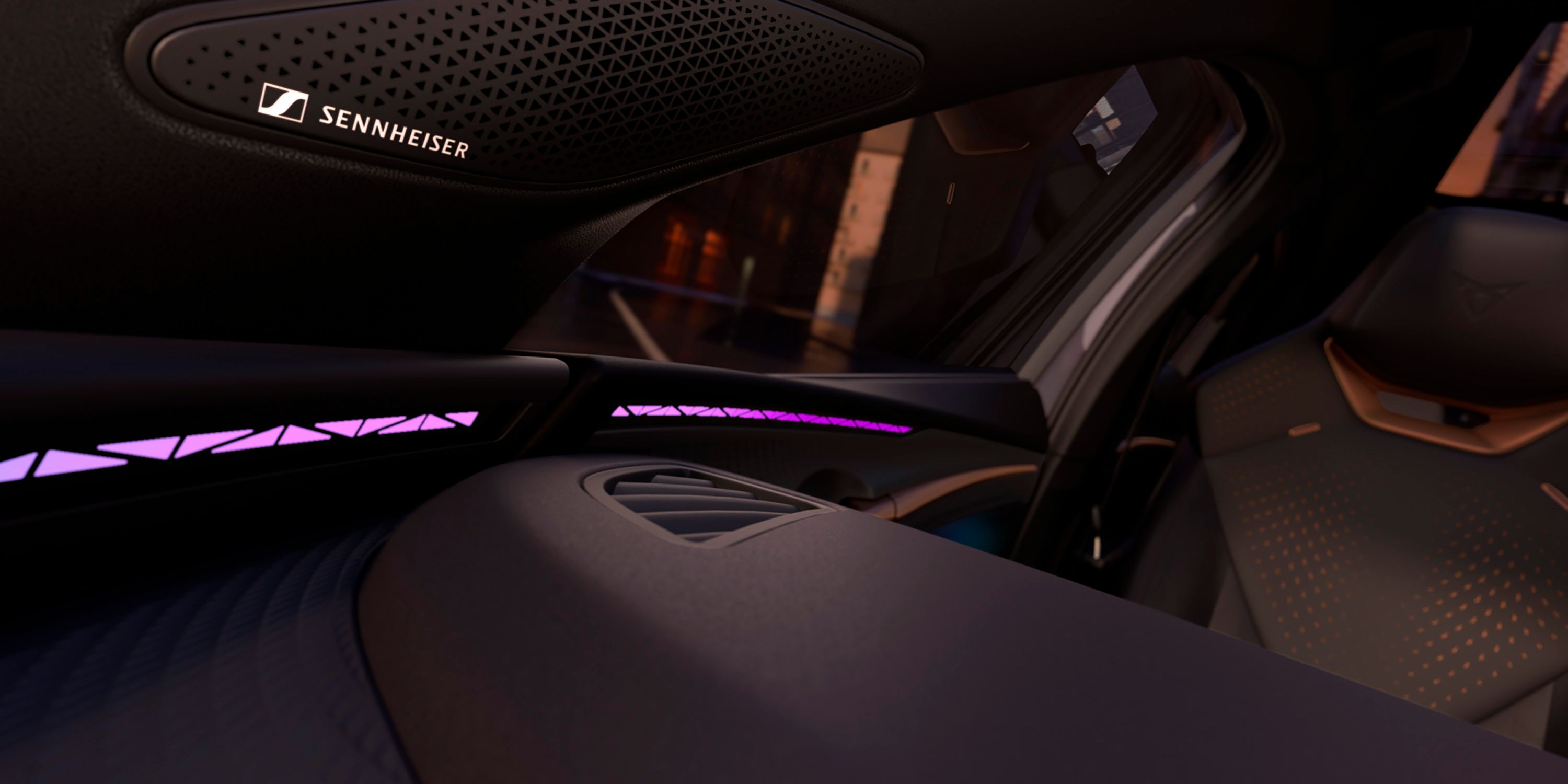Pohľad do interiéru CUPRA Raval so zameraním na zvukový systém Sennheiser AMBEO Immersive Sound System.