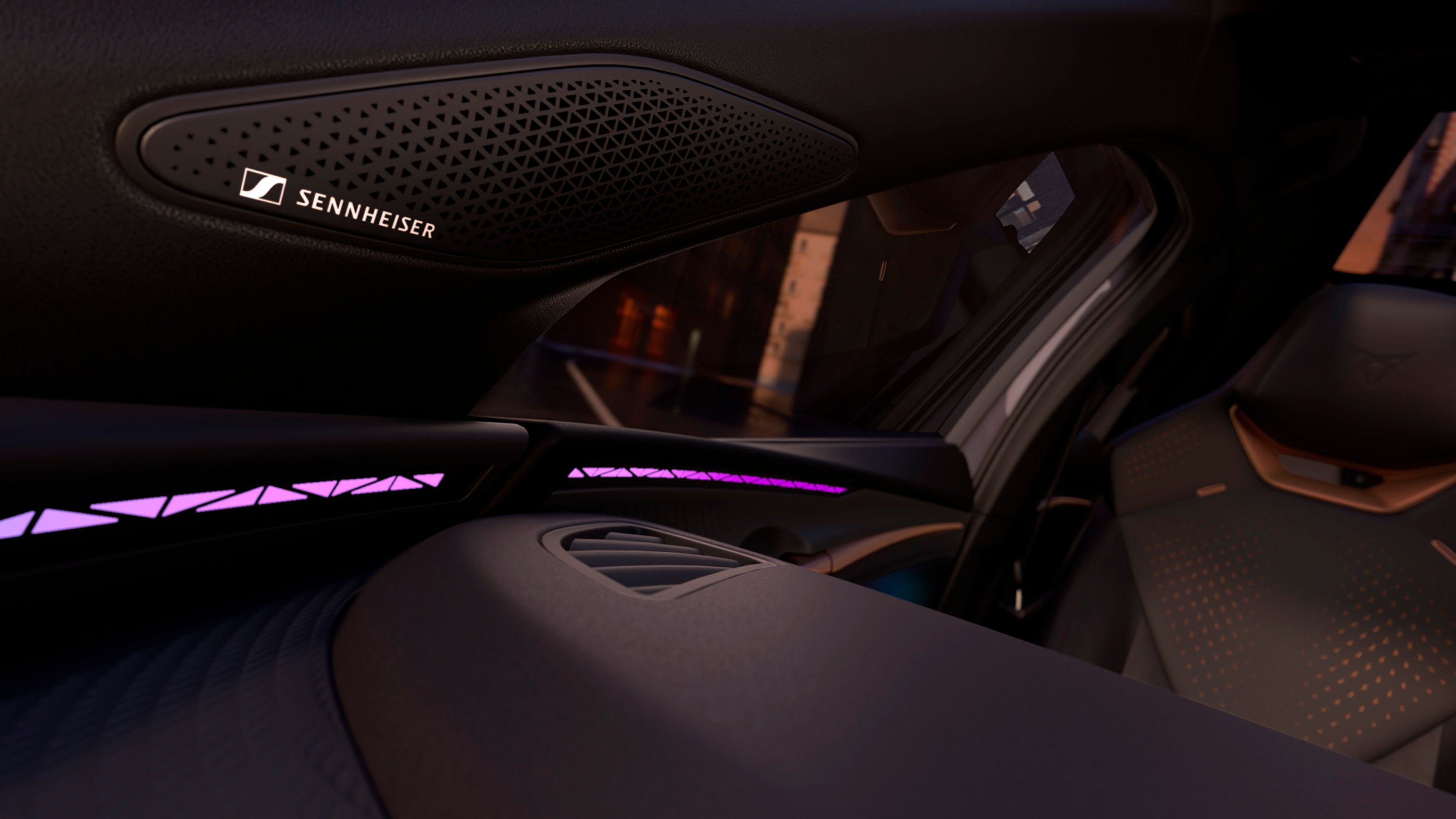 Pohľad do interiéru CUPRA Raval so zameraním na zvukový systém Sennheiser AMBEO Immersive Sound System.