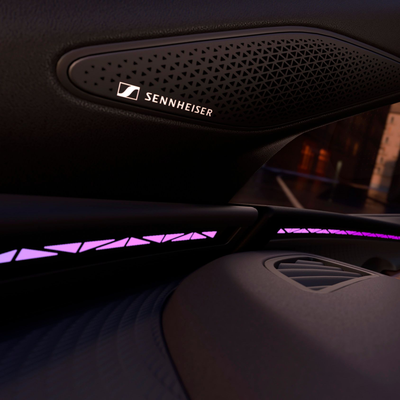 Pohľad do interiéru CUPRA Raval so zameraním na zvukový systém Sennheiser AMBEO Immersive Sound System.