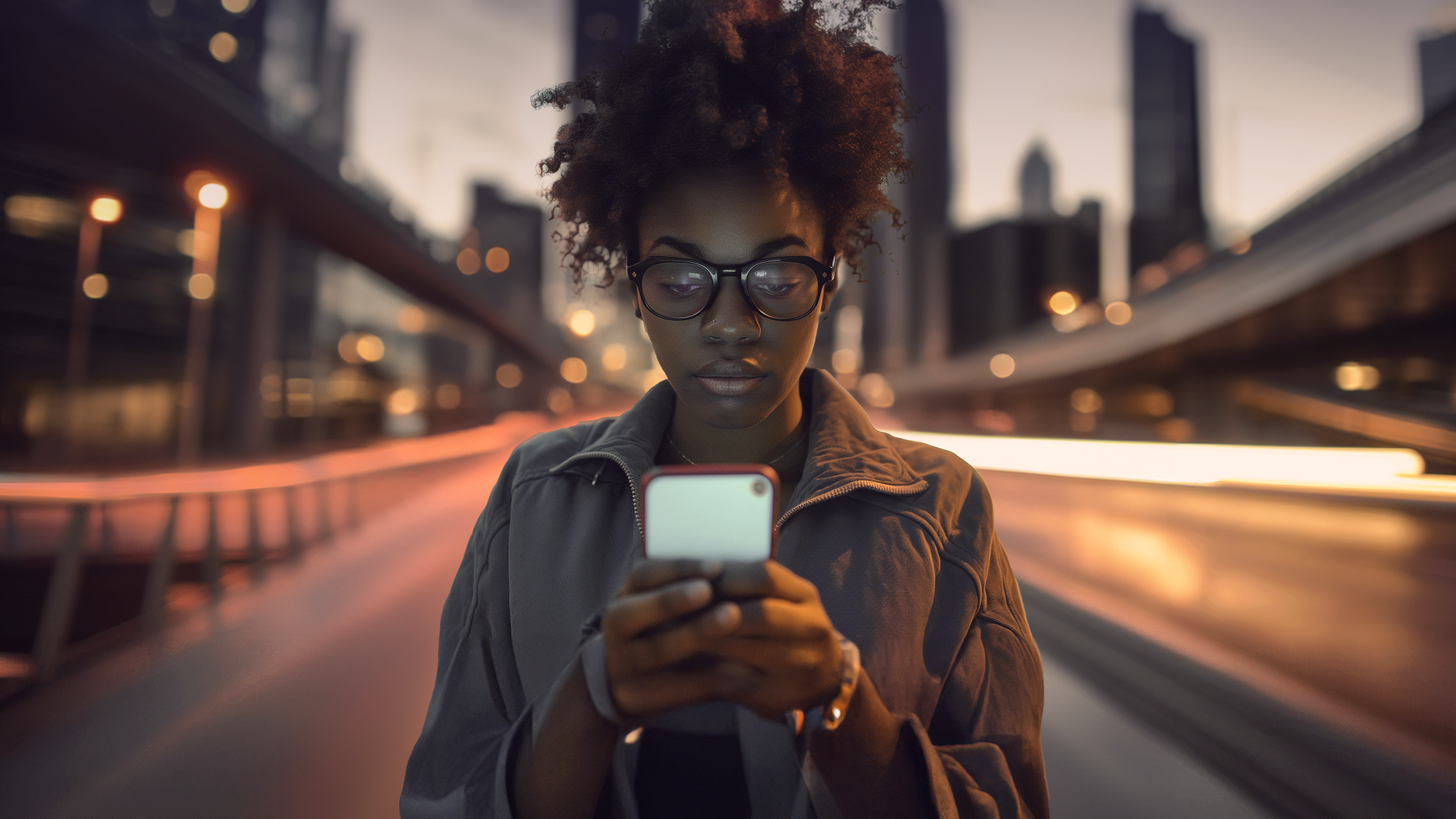 Mladá žena stojí na rušnej ulici v meste, držiac mobilný telefón a pozerá sa na displej. V pozadí sú viditeľné rozmazané svetlá a moderné vysoké budovy.