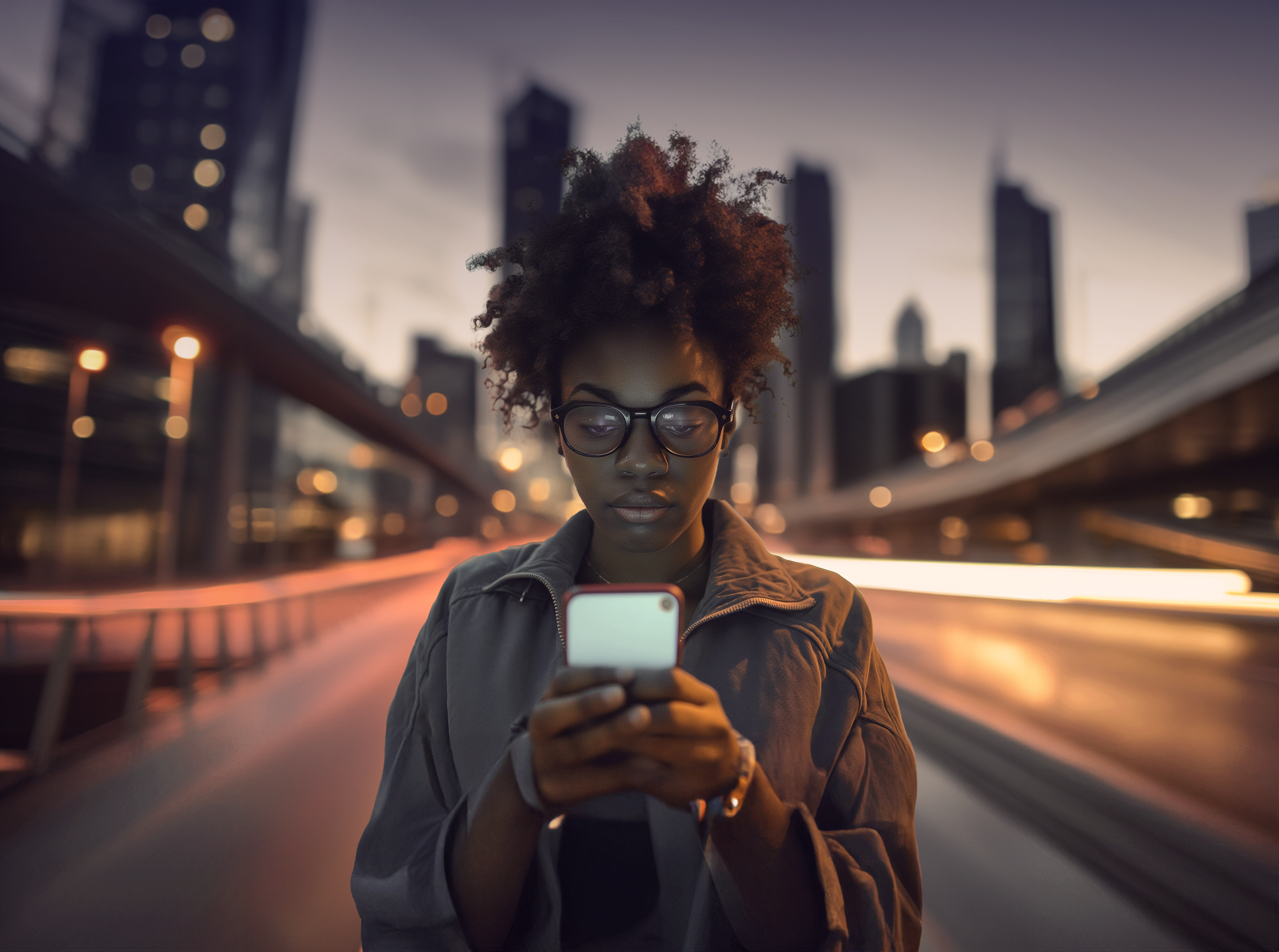 Mladá žena stojí na rušnej ulici v meste, držiac mobilný telefón a pozerá sa na displej. V pozadí sú viditeľné rozmazané svetlá a moderné vysoké budovy.