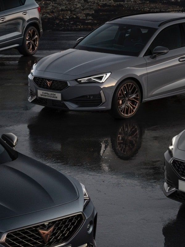 Štyri moderné tmavosivé športové automobily CUPRA zaparkované na mokrej vozovke pri západe slnka. V pozadí je vidieť osvetlené mesto. Všetky autá majú športový dizajn.