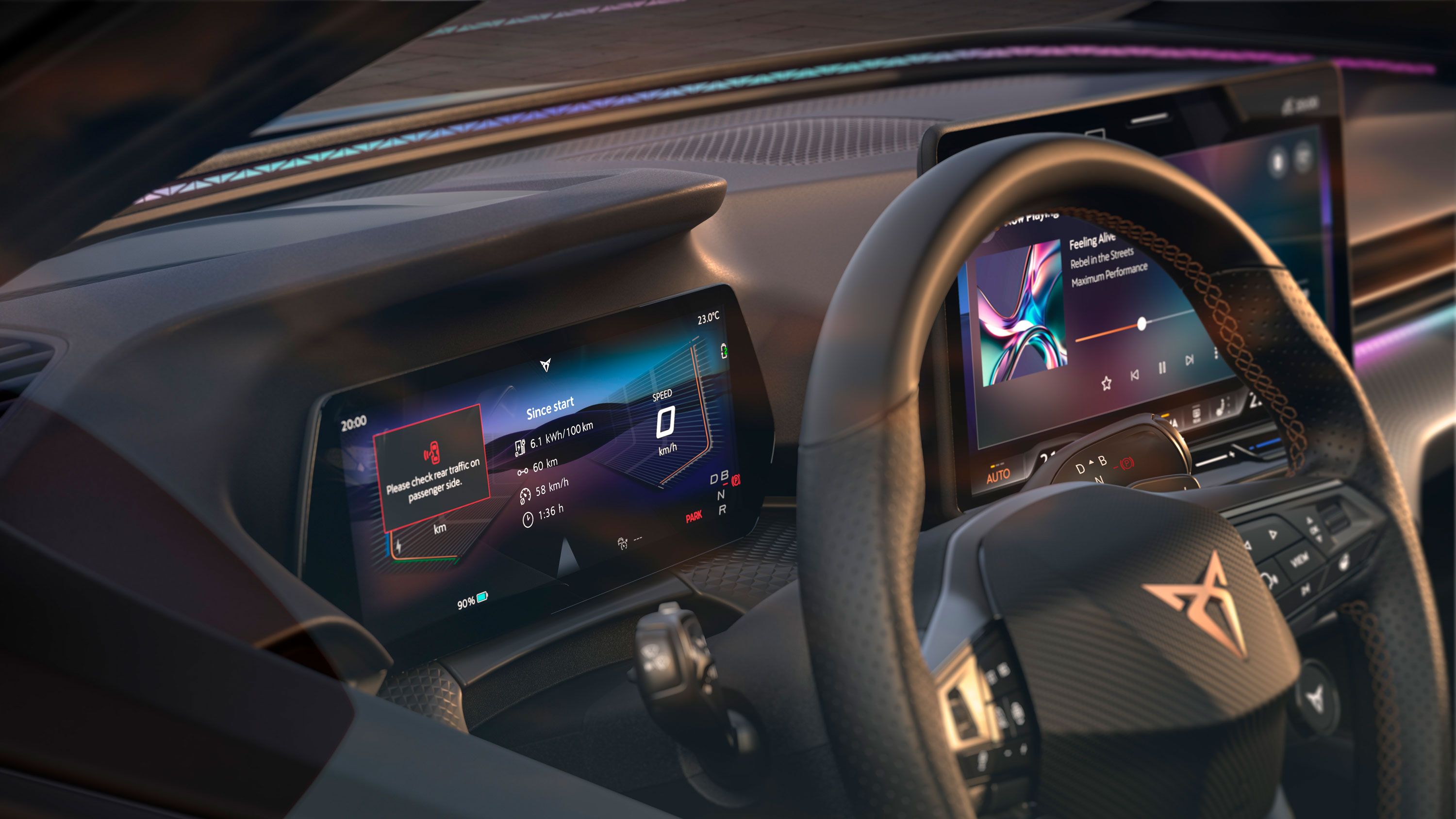 Pohľad do interiéru CUPRA Raval VZ s digitálnym kokpitom a funkciou Emergency Assist.