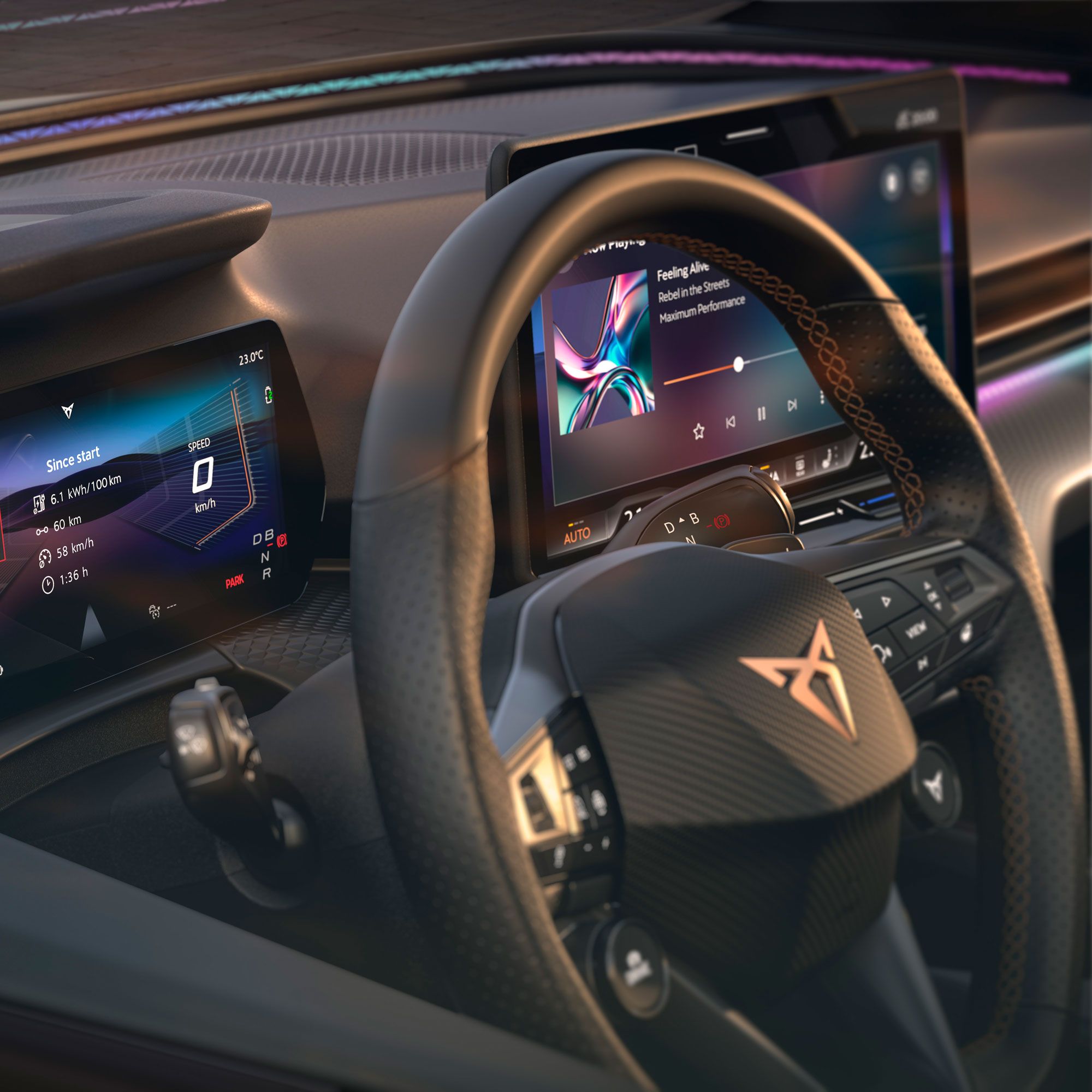 Pohľad do interiéru CUPRA Raval VZ s digitálnym kokpitom a funkciou Emergency Assist.