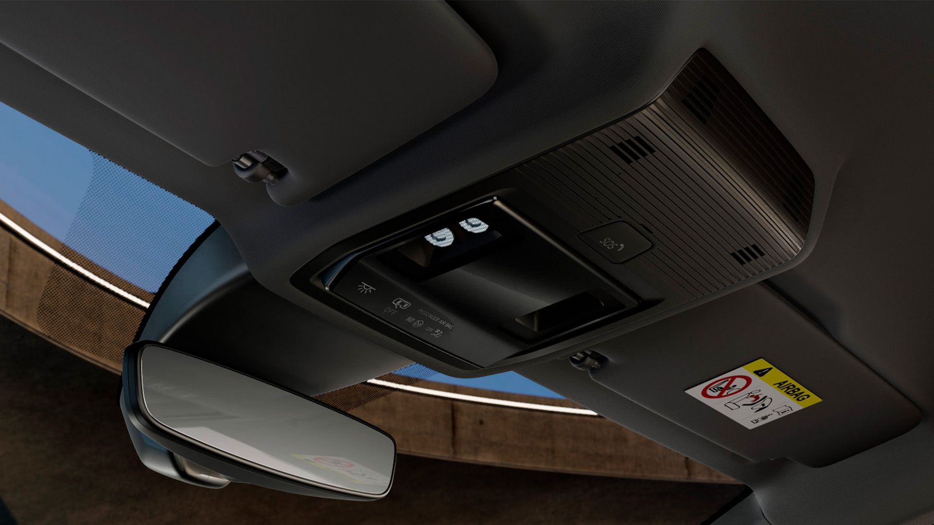 Detail na ovládací panel v strope a vnútorné spätné zrkadlo. Na paneli sú ovládacie prvky pre strešné okno a osvetlenie.