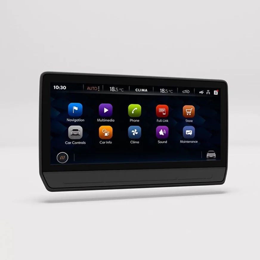 Dotykový displej zobrazuje rôzne aplikácie ako navigácia, multimédiá, telefón, klimatizácia a údržba. V hornej časti sú informácie o teplote a stave vozidla.