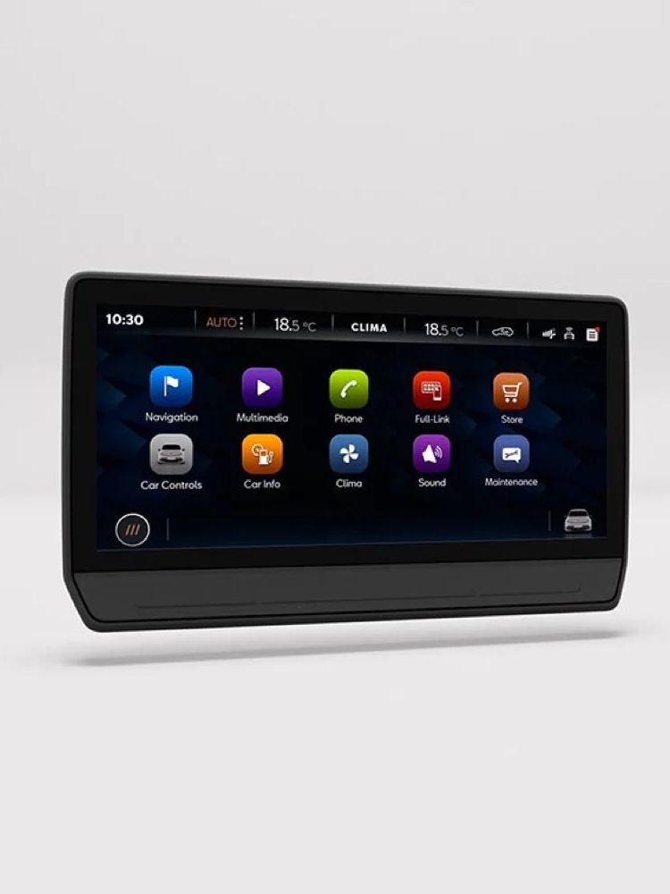 Dotykový displej zobrazuje rôzne aplikácie ako navigácia, multimédiá, telefón, klimatizácia a údržba. V hornej časti sú informácie o teplote a stave vozidla.