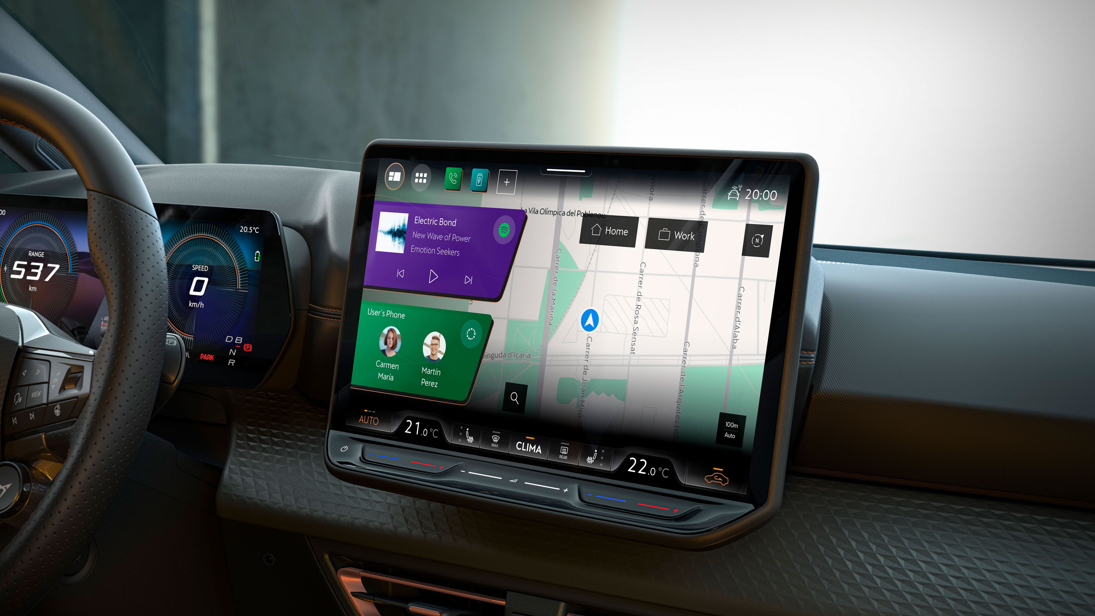 Interiér modelu CUPRA Born s digitálnym kokpitom. Na displeji je zobrazená navigačná mapa.