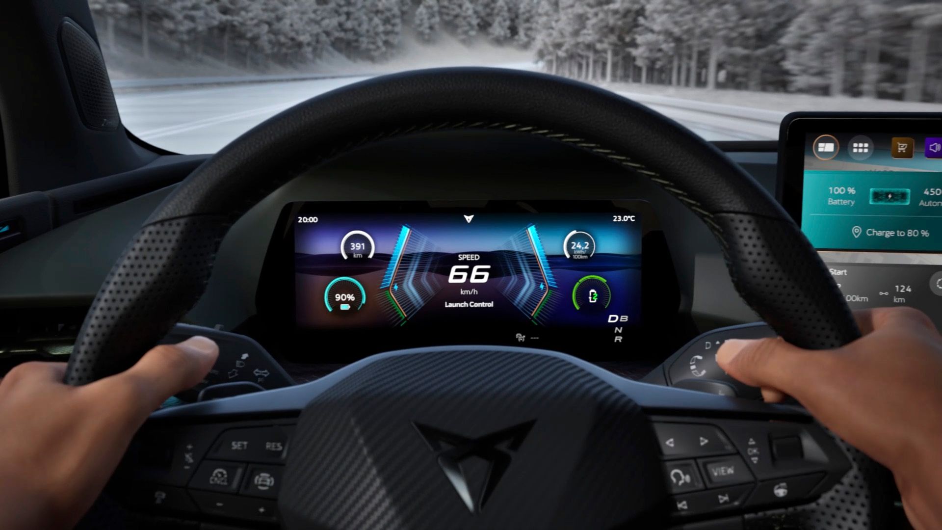 Interiér modelu CUPRA Raval VZ, ktorý prezentuje funkcie balíka Light & Sound.