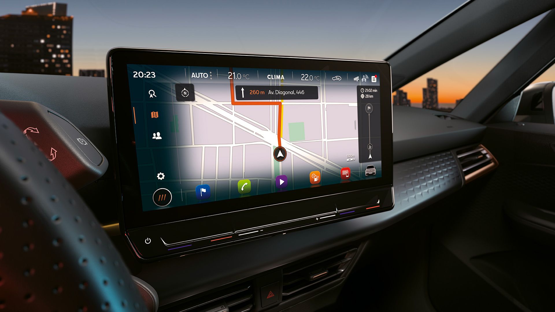 CUPRA Born 12,9“ displej systému infotainment s aktívnou navigáciou.