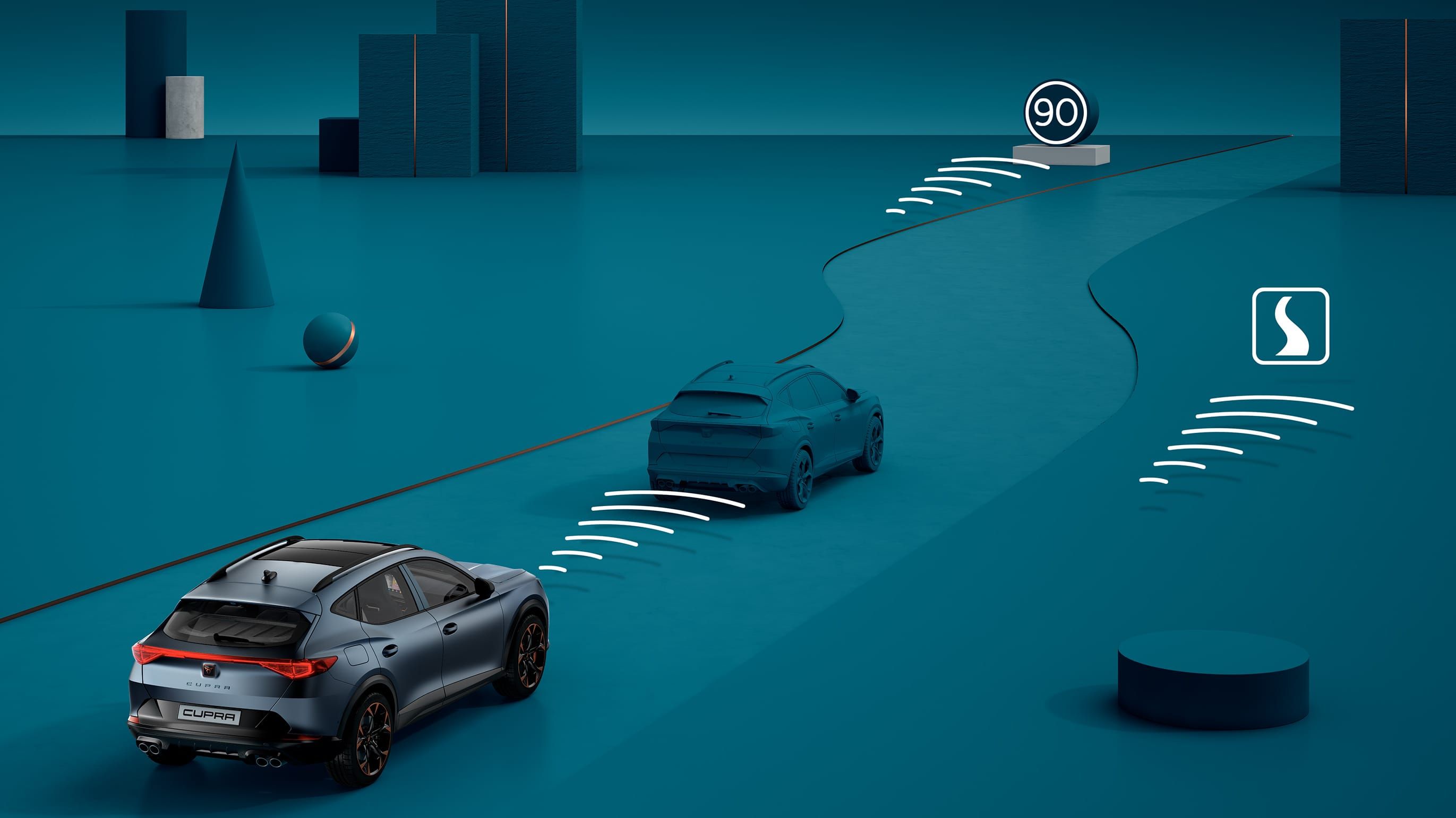 Grafické zobrazenie adaptívneho tempomatu prostredníctvom znázornenia dvoch vozidiel a vĺn zo snímačov.