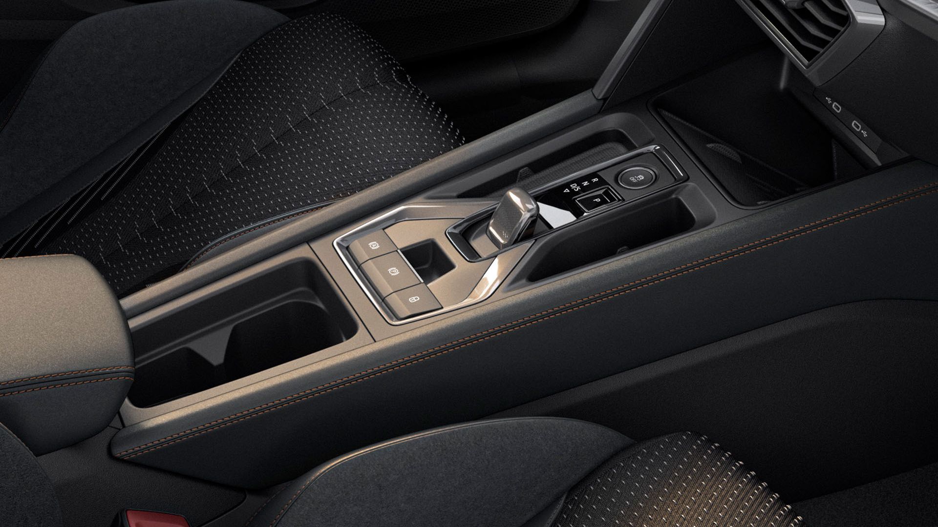 Detail interiéru CUPRA Formentor 2024 pohľad na stredovú konzolu vo vozidle, dizajn interiéru.