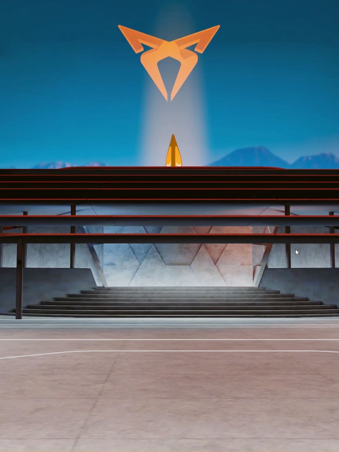 Digitálne zobrazenie futuristickej budovy s veľkým logom nad schodiskom. Horizontálne štruktúry vystupujú z boku a hory sú viditeľné v pozadí. Budova má moderný dizajn a je osvetlená teplým svetlom.