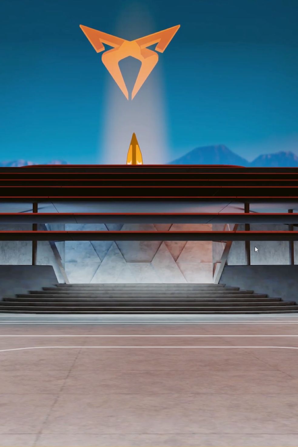 Digitálne zobrazenie futuristickej budovy s veľkým logom nad schodiskom. Horizontálne štruktúry vystupujú z boku a hory sú viditeľné v pozadí. Budova má moderný dizajn a je osvetlená teplým svetlom.