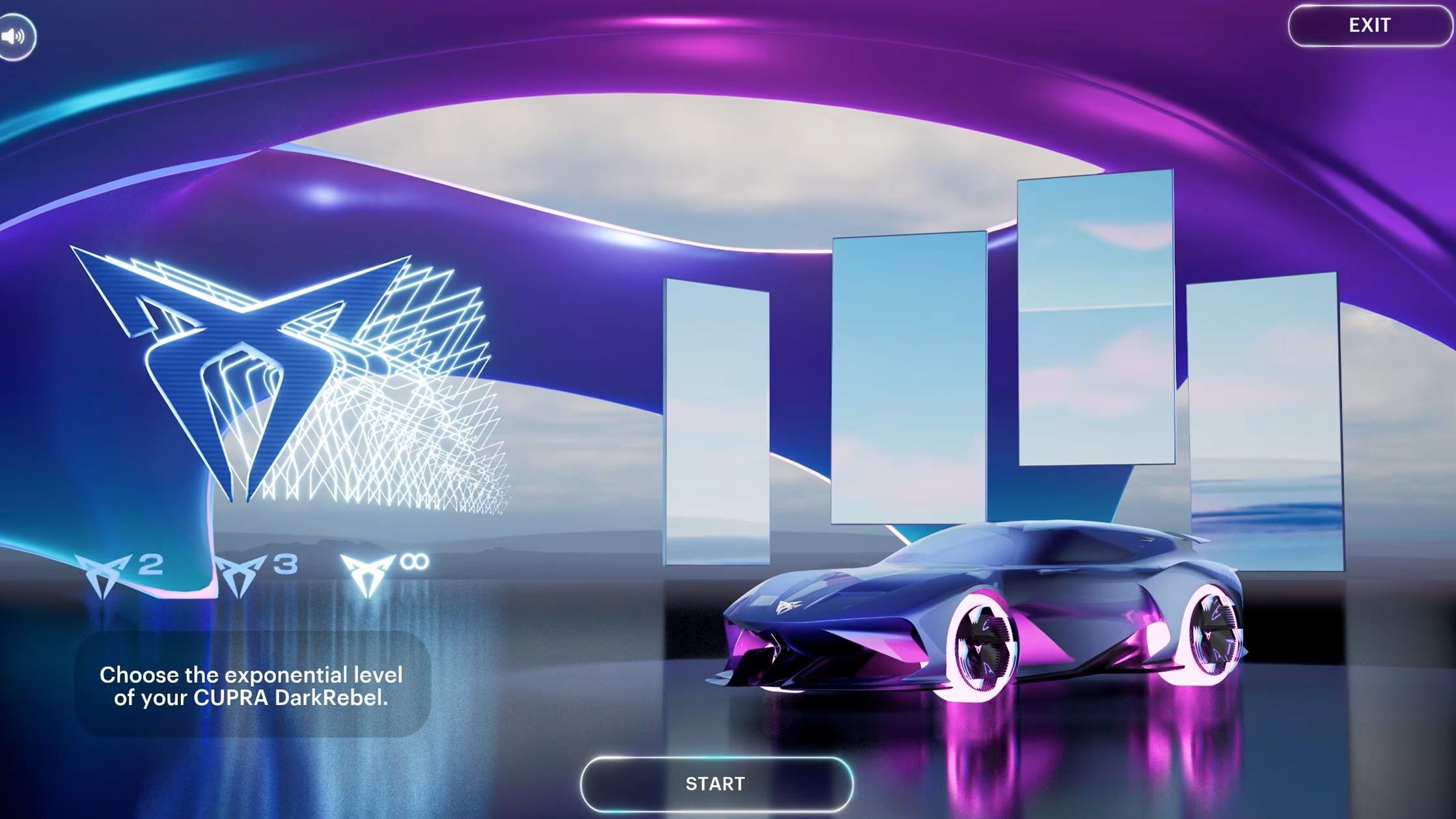 Moderné športové auto CUPRA DarkRebel na futuristickom pozadí s geometrickými tvarmi a zrkadlovými panelmi. Auto je osvetlené neónovými svetlami. Na obrazovke sa nachádza tlačidlo "START" (spustiť).