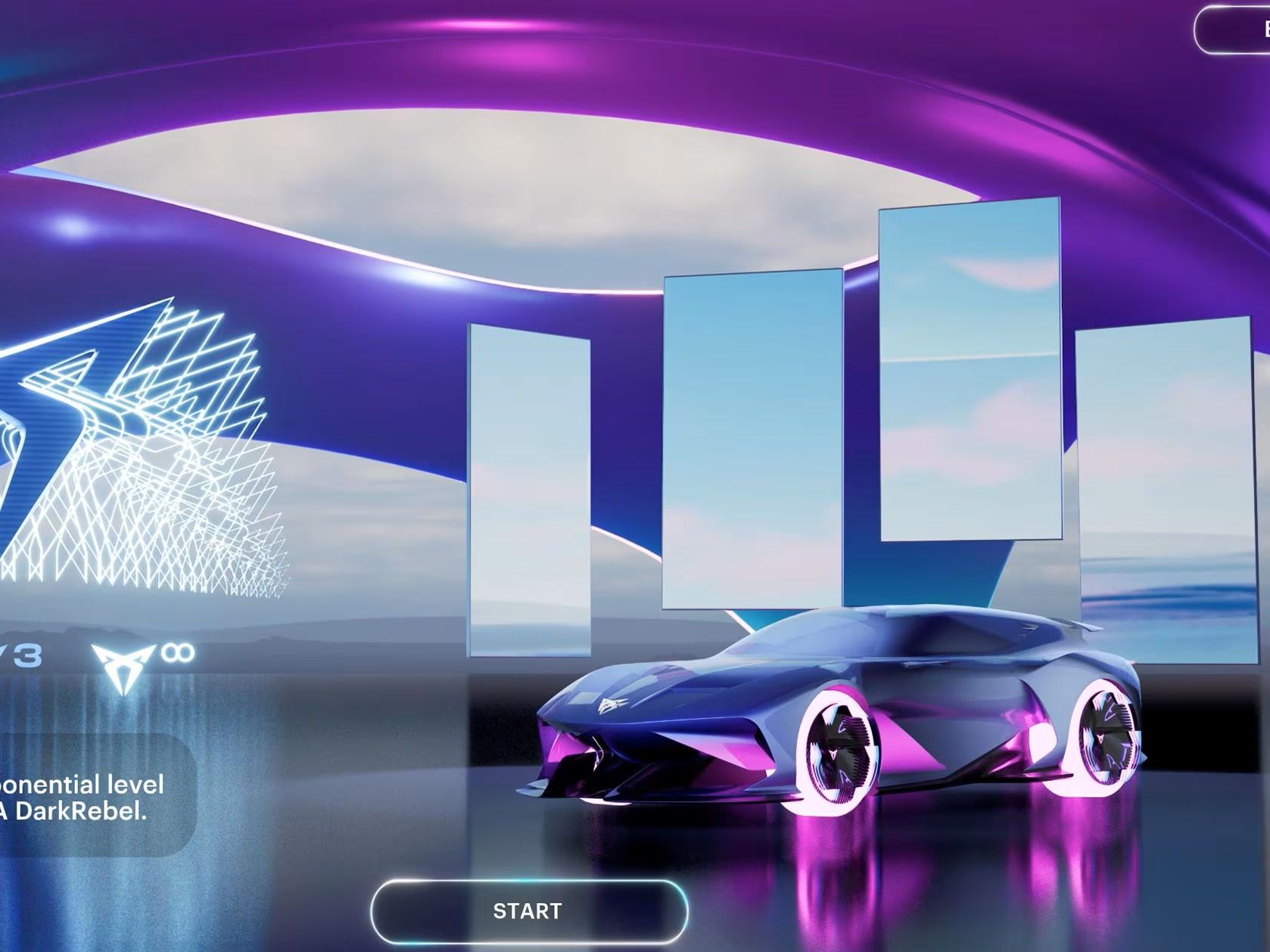 Moderné športové auto CUPRA DarkRebel na futuristickom pozadí s geometrickými tvarmi a zrkadlovými panelmi. Auto je osvetlené neónovými svetlami. Na obrazovke sa nachádza tlačidlo "START" (spustiť).