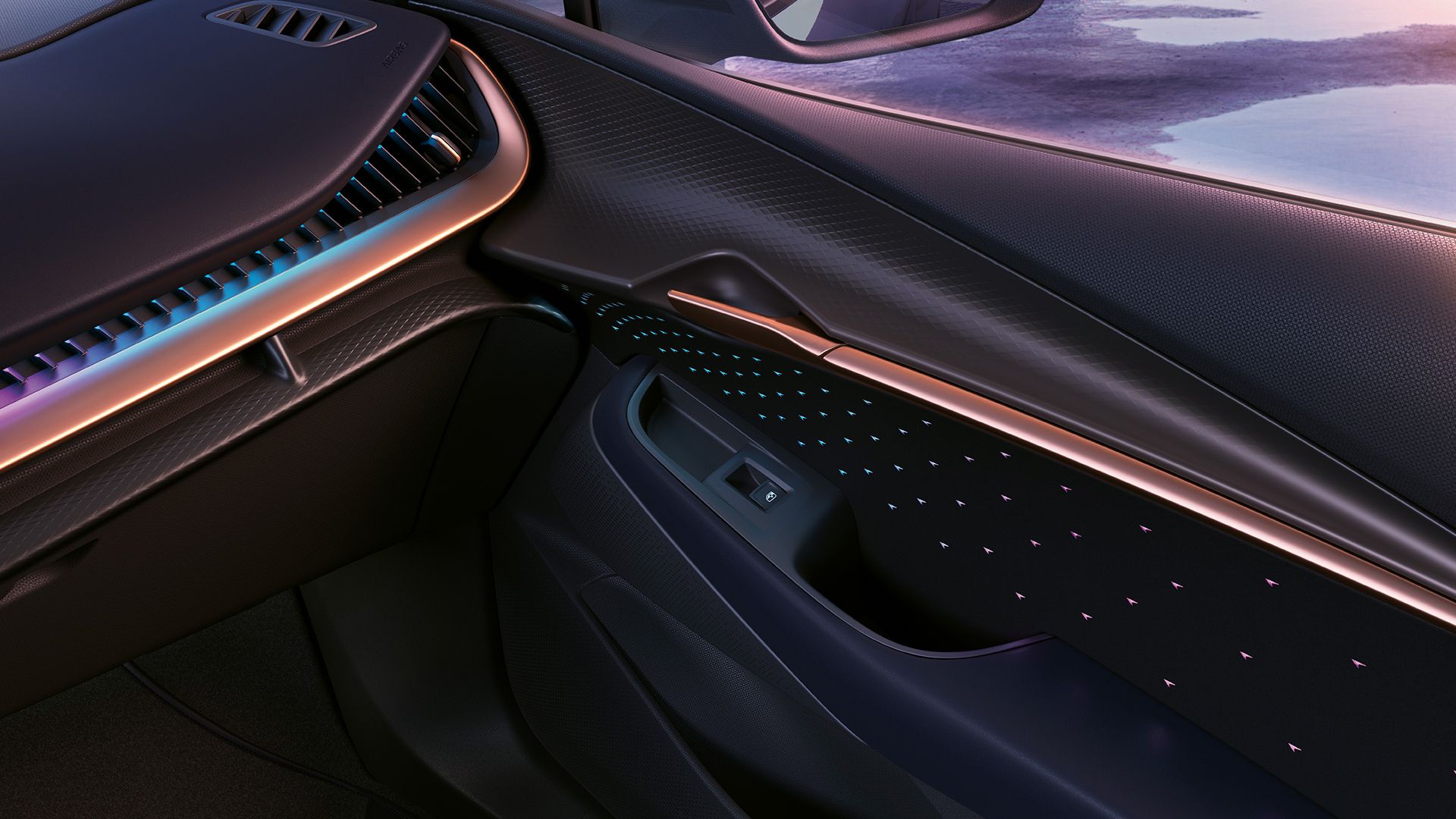 Interiér moderného auta s futuristickým dizajnom. Pohľad na palubnú dosku a výplň dverí s jemným osvetlením a prvkami z tmavého materiálu. 