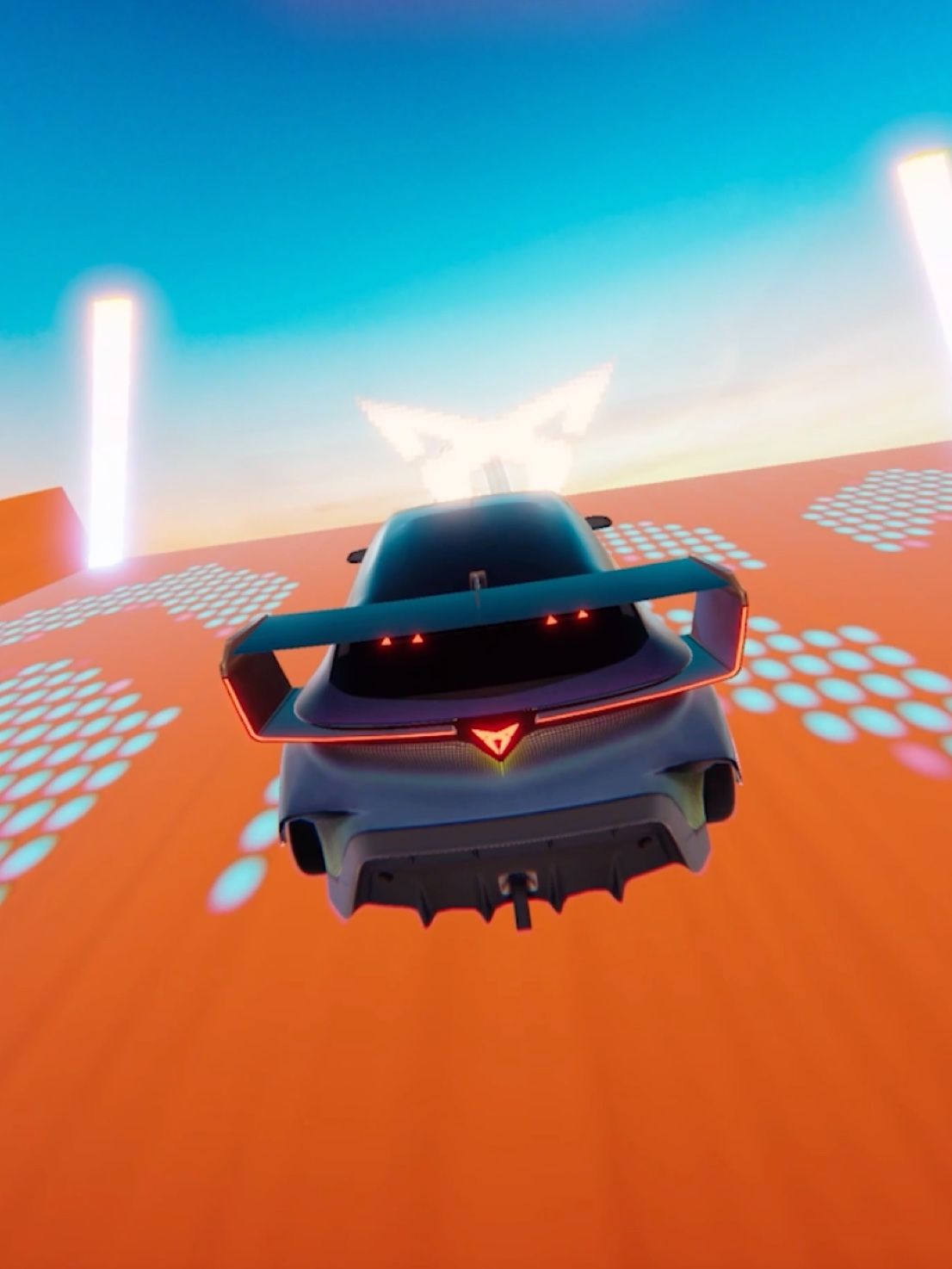 Vysoko futuristické športové auto videné zozadu umiestnené na oranžovej platforme. Svetlá auta svietia, zatiaľ čo na oblohe je viditeľný kaleidoskopický efekt. Celkový vzhľad je moderný a farebný.