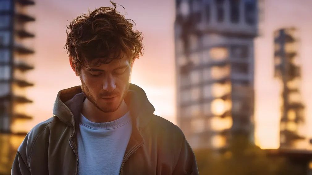 Muž v tmavom oblečení drží mobilný telefón. Pozadie tvoria moderné budovy za súmraku.