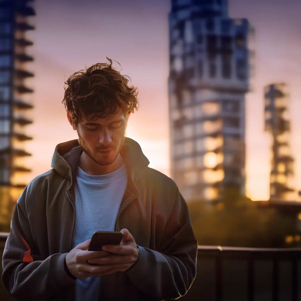 Muž v tmavom oblečení drží mobilný telefón. Pozadie tvoria moderné budovy za súmraku.