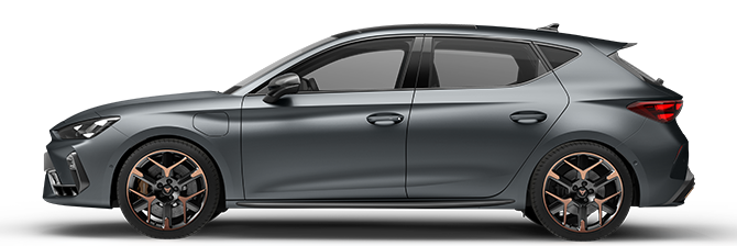 CUPRA Leon z bočného pohľadu na bielom pozadí.