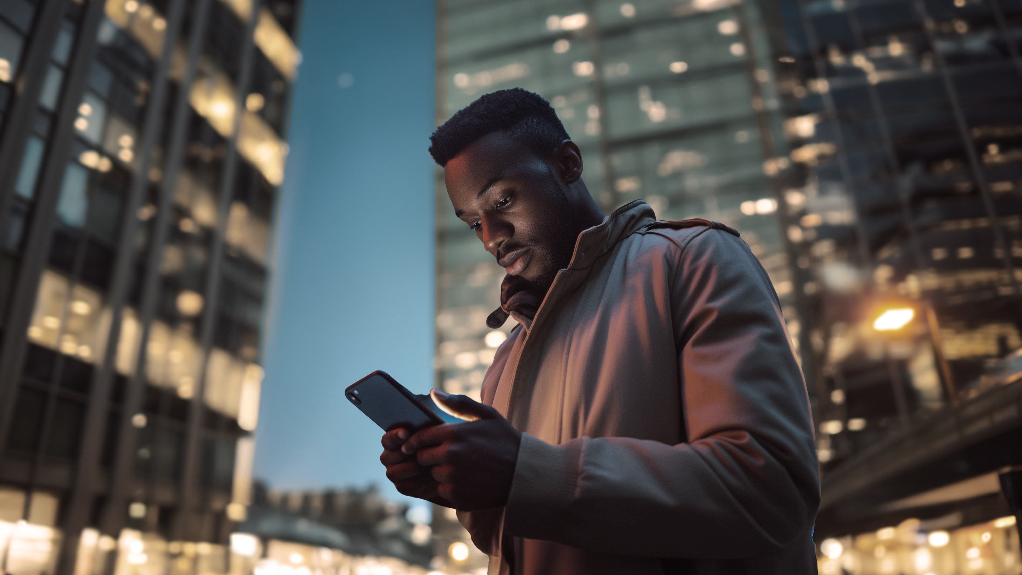 Muž stojí v nočnom meste, drží mobilný telefón a pozerá sa na jeho displej. V pozadí sú osvetlené výškové budovy.