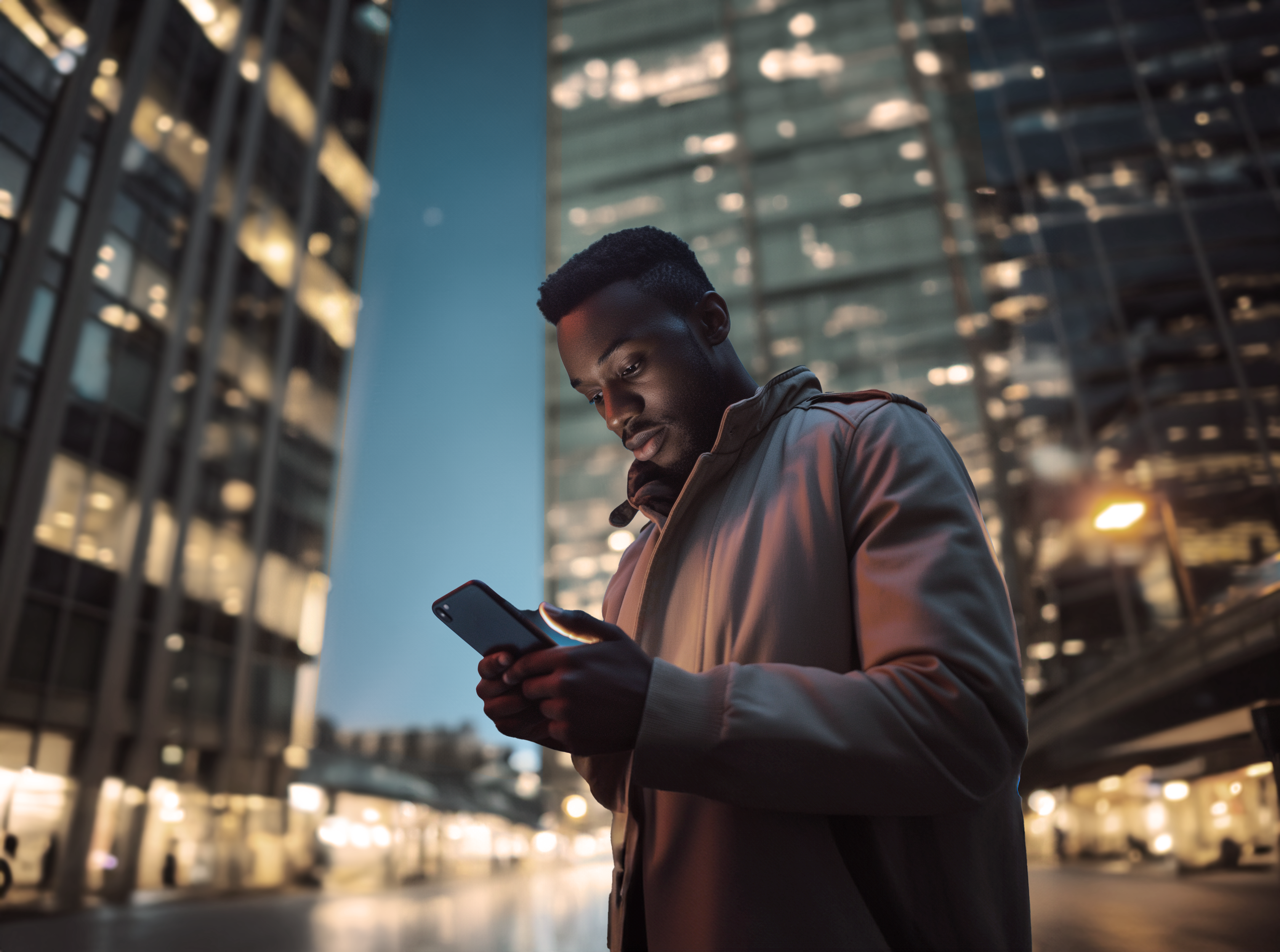 Muž stojí v nočnom meste, drží mobilný telefón a pozerá sa na jeho displej. V pozadí sú osvetlené výškové budovy.