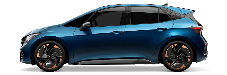 CUPRA Born z bočného pohľadu na bielom pozadí.