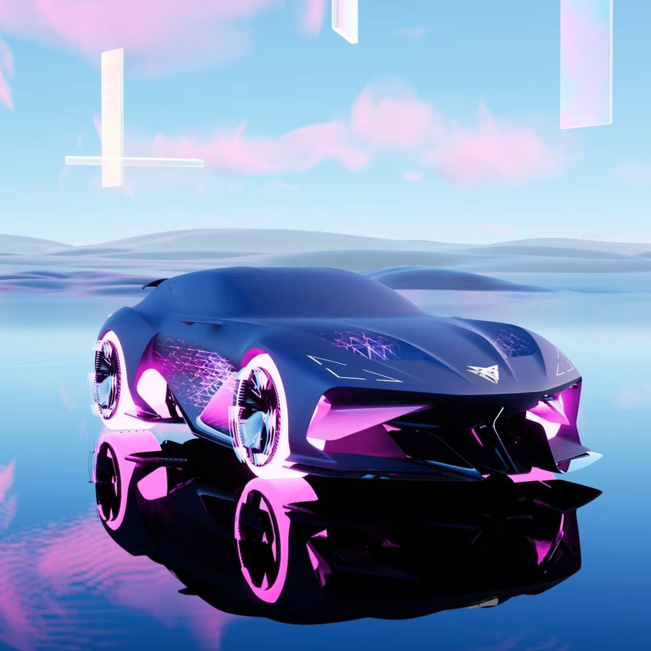 Moderné futuristické auto CUPRA DarkRebel v žiarivých ružových a modrých farbách. Vozidlo je zobrazené na hladine vody s odrazom auta viditeľným na povrchu. V pozadí je modrá obloha s ružovými oblakmi.