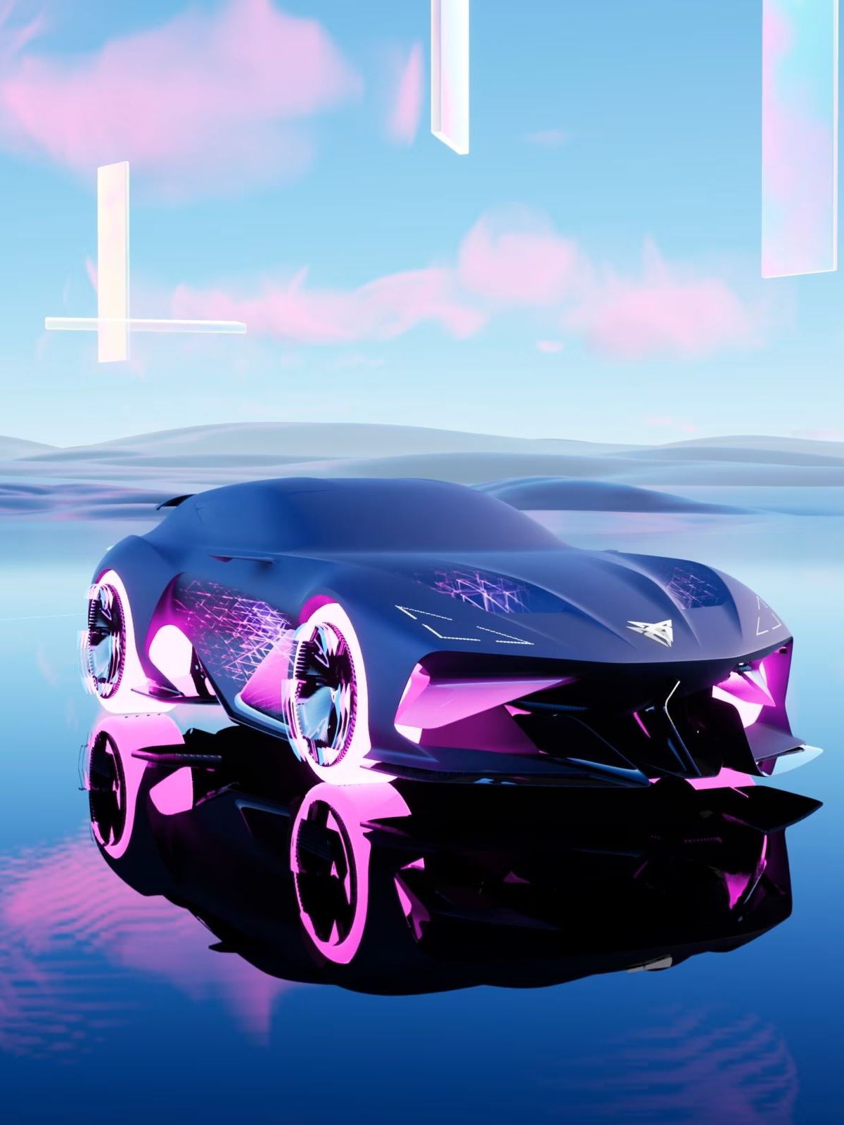 Moderné futuristické auto CUPRA DarkRebel v žiarivých ružových a modrých farbách. Vozidlo je zobrazené na hladine vody s odrazom auta viditeľným na povrchu. V pozadí je modrá obloha s ružovými oblakmi.