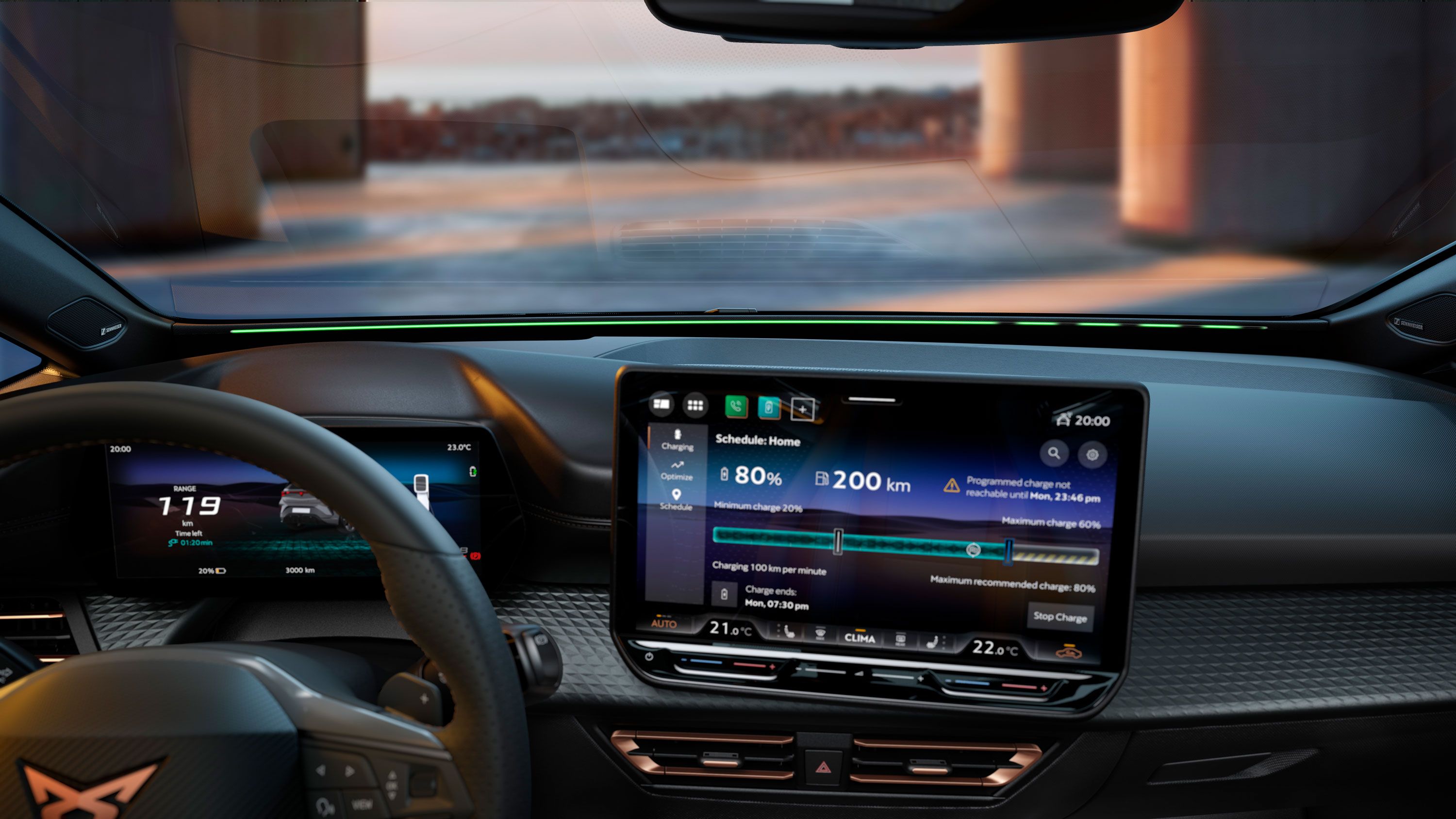 Interiér modelu CUPRA Born, ktorý vyniká balíkom LIGHT & SOUND vrátane zvukového systému Sennheiser a osvetlenia Smartlight.