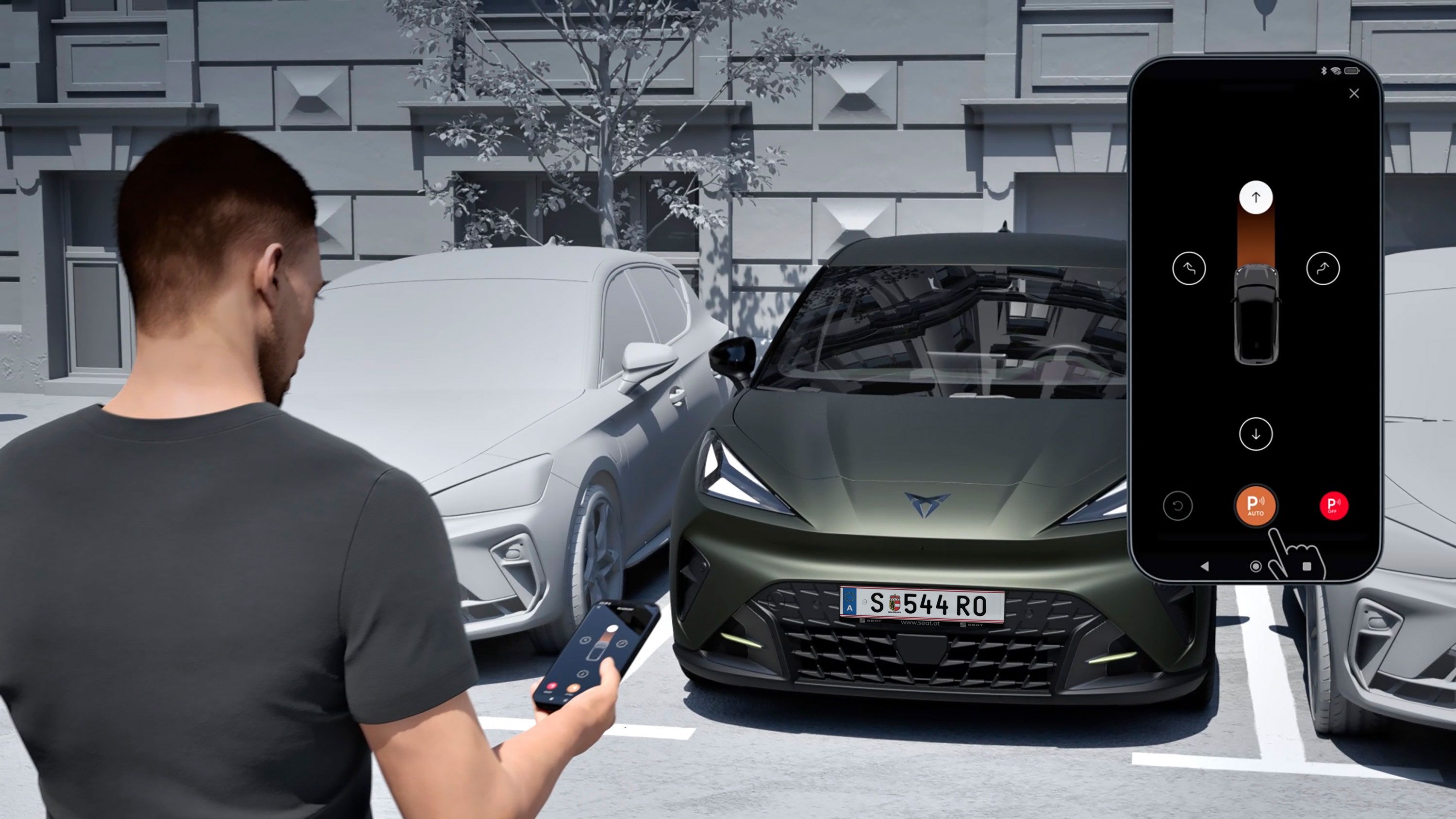 CUPRA Raval VZ pri parkovaní s podporou funkcie Drive Pack Remote Park Assist.