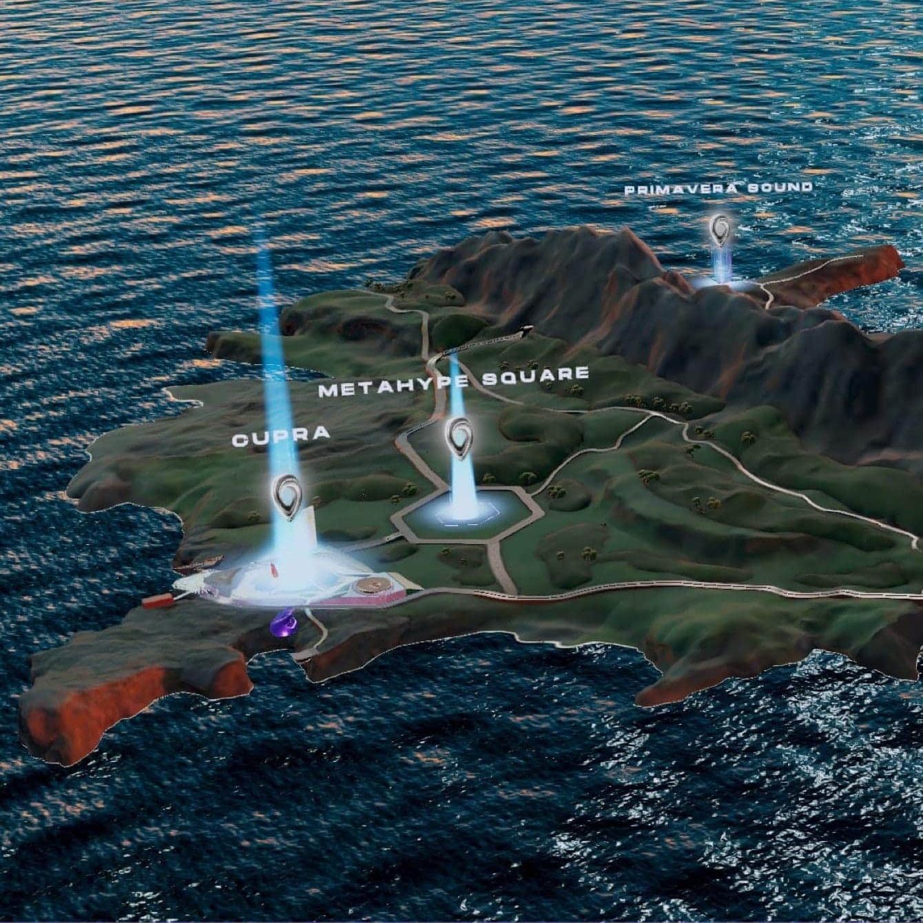 Ostrov s tromi miestami označenými špendlíkmi: "CUPRA", "METAHYPE SQUARE" a "PRIMAVERA SOUND". Modrý laser klesá z oblohy na tieto miesta. V pozadí je viditeľné rozbúrené more.