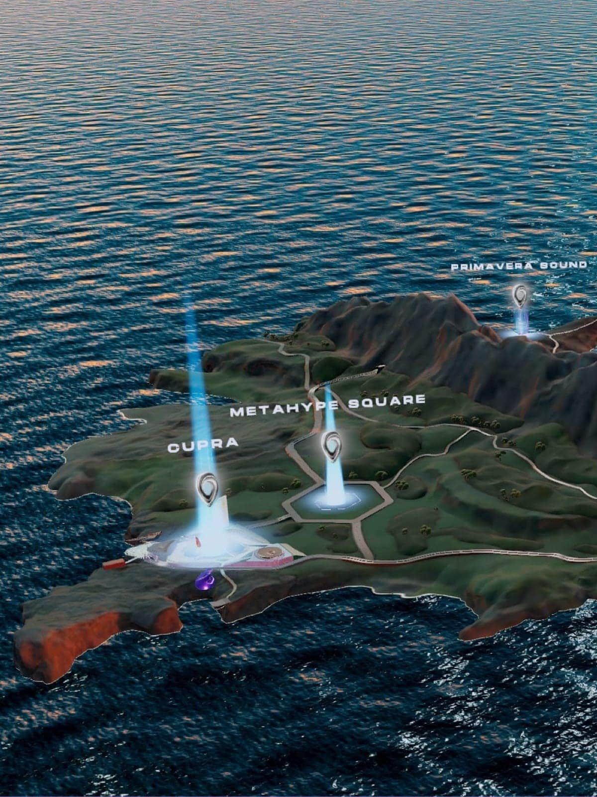 Ostrov s tromi miestami označenými špendlíkmi: "CUPRA", "METAHYPE SQUARE" a "PRIMAVERA SOUND". Modrý laser klesá z oblohy na tieto miesta. V pozadí je viditeľné rozbúrené more.