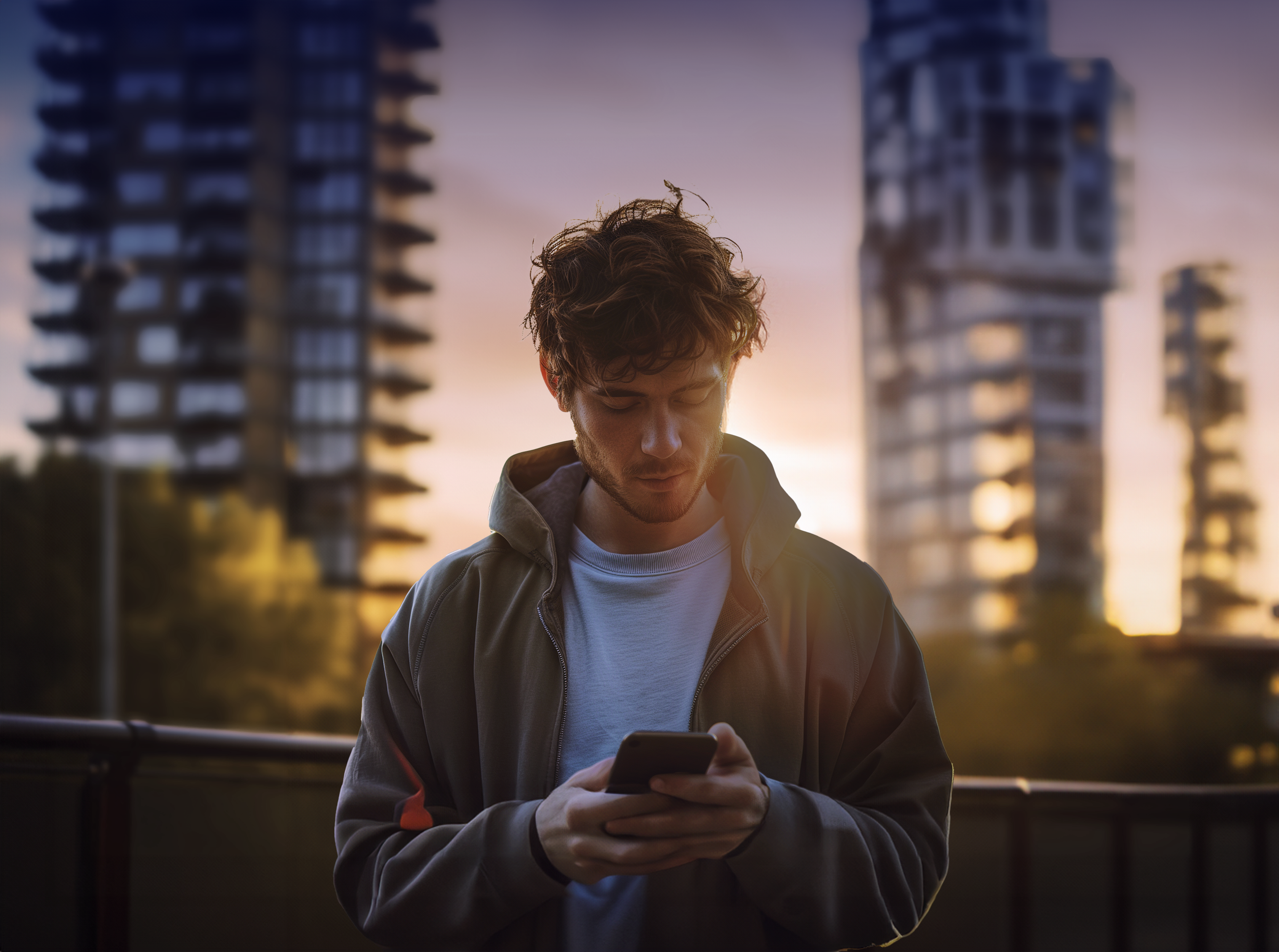 Mladý muž stojí von a v rukách drží smartfón. Pozadie tvorí mesto s modernými budovami.