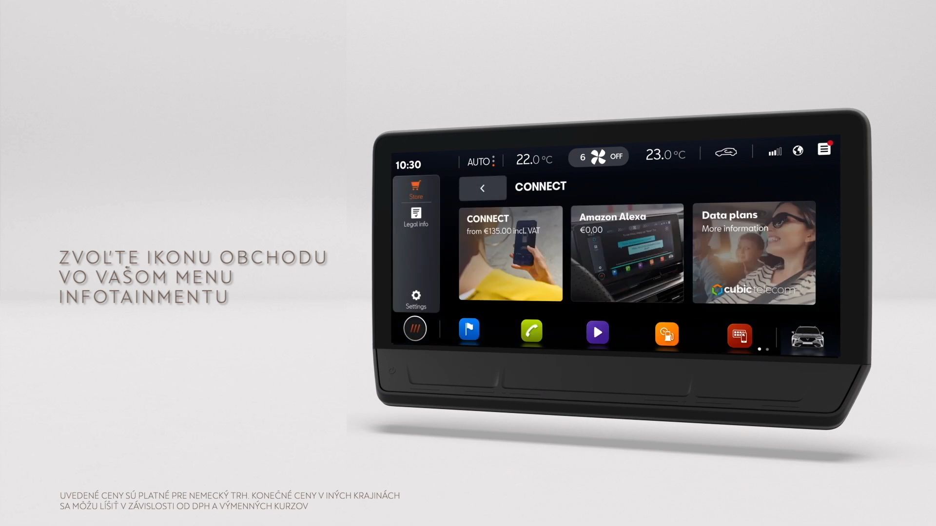 Na obrázku je displej systému infotainment s rôznymi aplikáciami, medzi ktorými sú CUPRA Connect, Amazon Alexa a ďalšie. Text vedľa obrazovky vyzýva používateľa, aby zvolil ikonu obchodu vo svojom menu systému infotainment. Obrazovka ukazuje aktuálny čas, teplotu a ovládacie prvky pre hudbu.