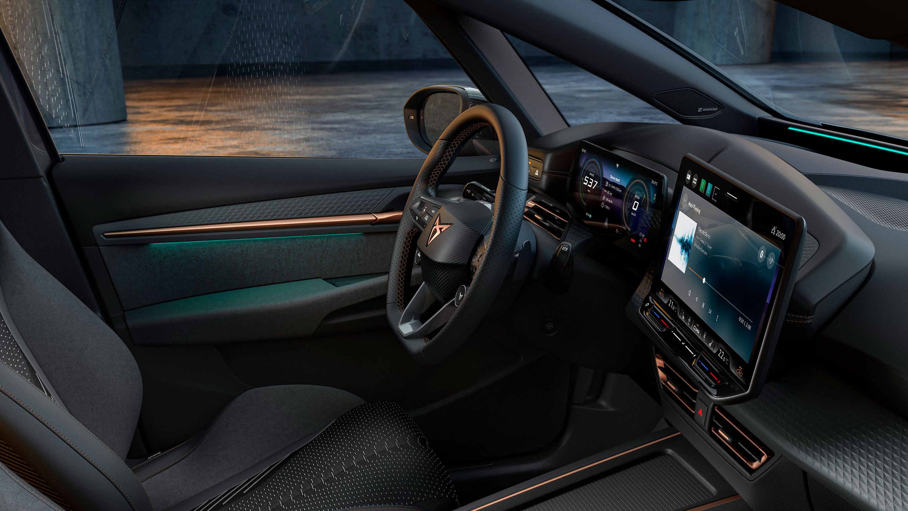 Vnútorný pohľad na model CUPRA Born s volantom a digitálnym kokpitom