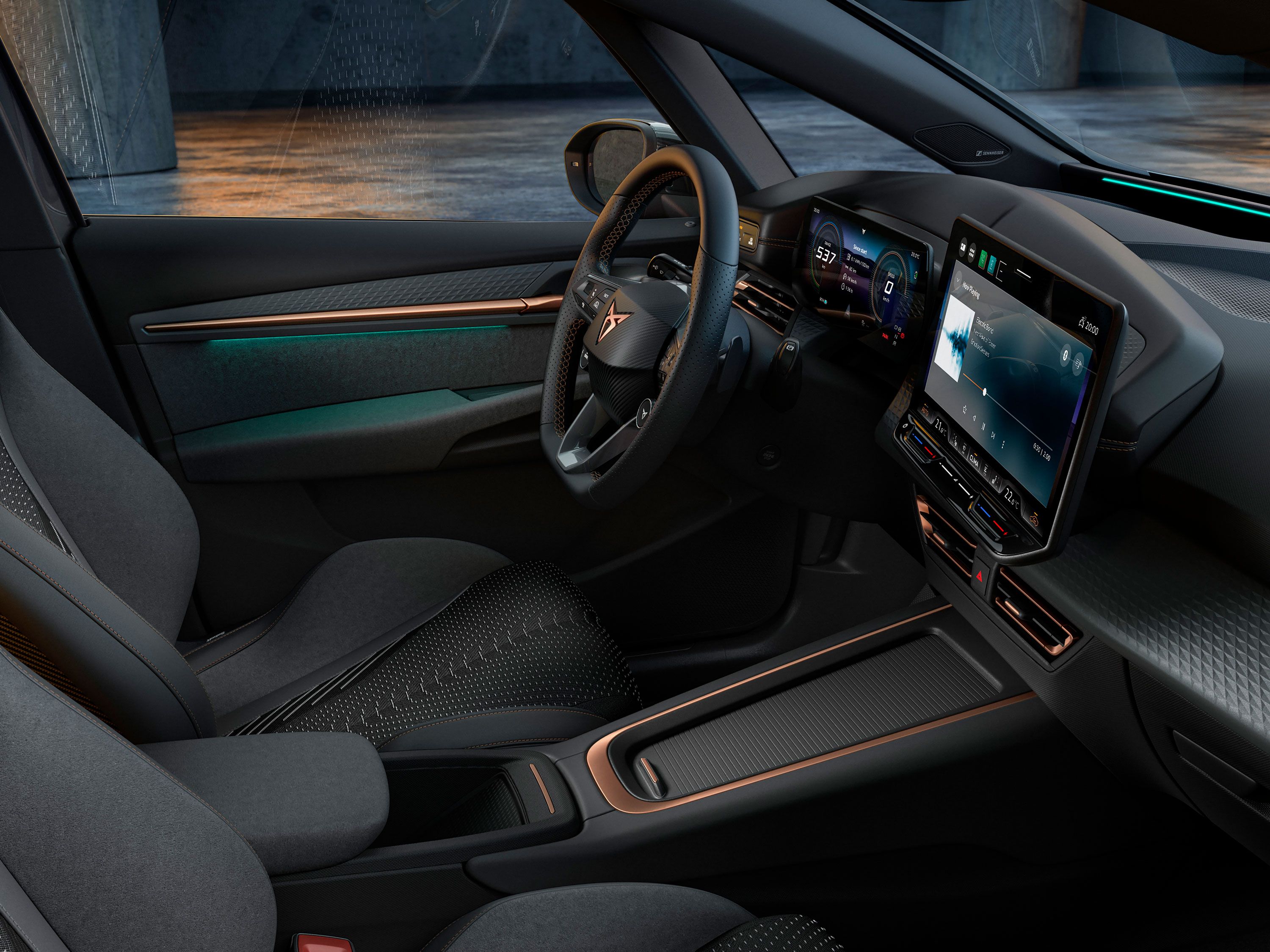 Vnútorný pohľad na model CUPRA Born s volantom a digitálnym kokpitom