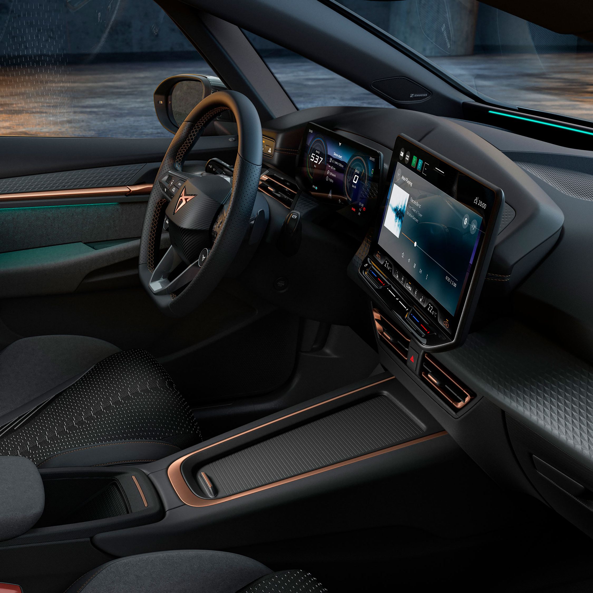 Vnútorný pohľad na model CUPRA Born s volantom a digitálnym kokpitom