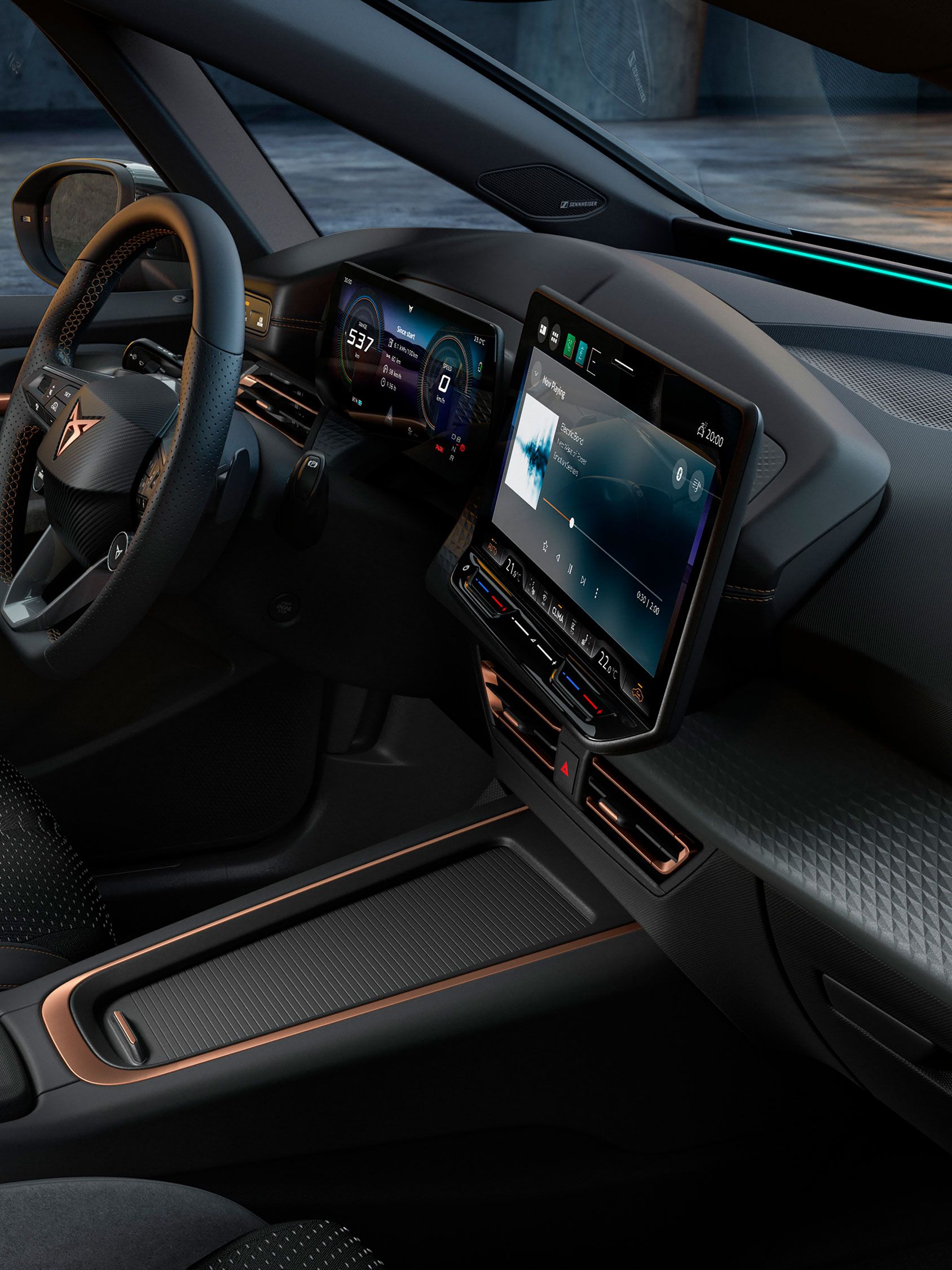 Vnútorný pohľad na model CUPRA Born s volantom a digitálnym kokpitom