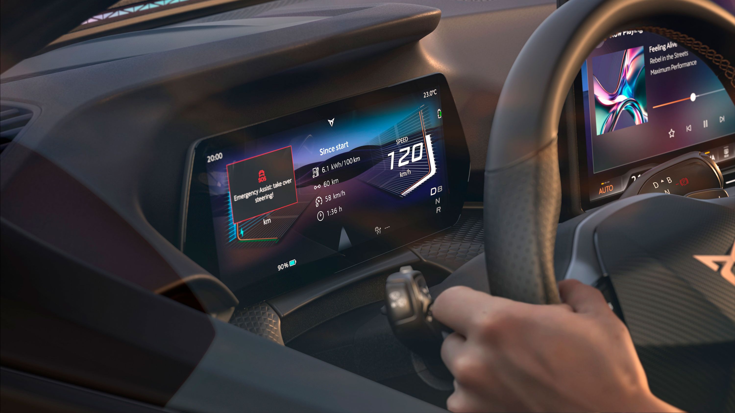 Pohľad do interiéru modelu CUPRA Raval VZ s digitálnym kokpitom a funkciou Emergency Assist.