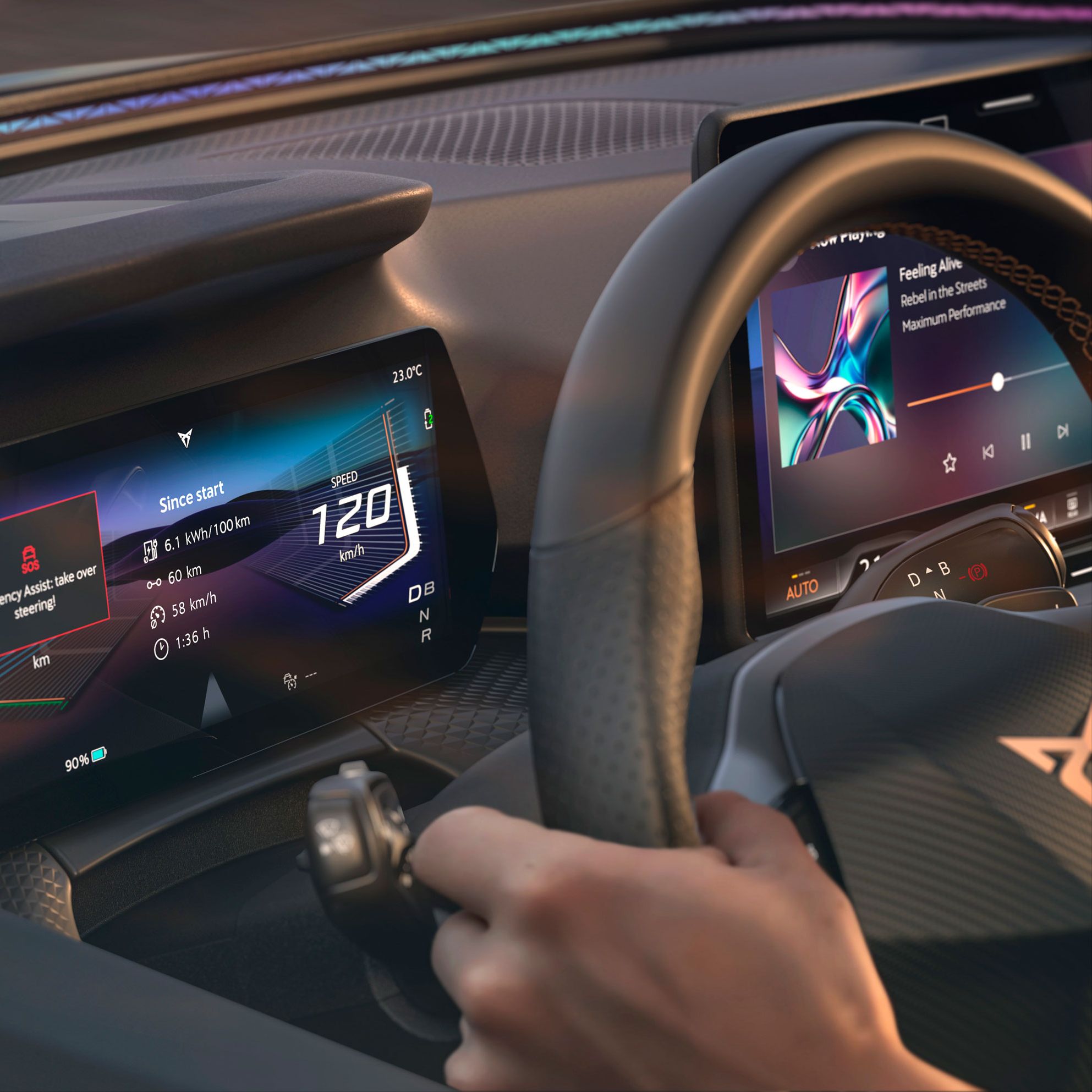 Pohľad do interiéru modelu CUPRA Raval VZ s digitálnym kokpitom a funkciou Emergency Assist.