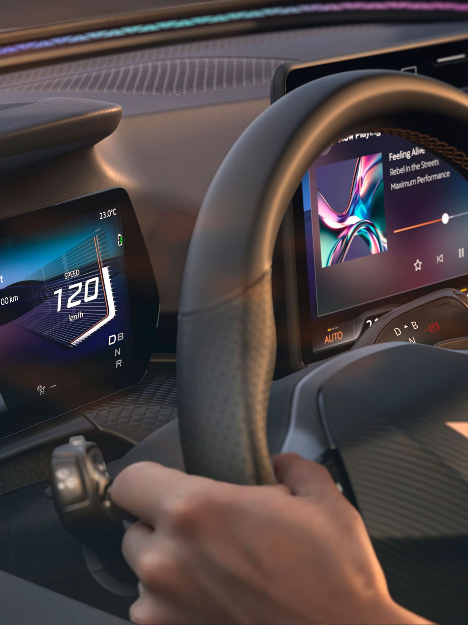 Pohľad do interiéru modelu CUPRA Raval VZ s digitálnym kokpitom a funkciou Emergency Assist.