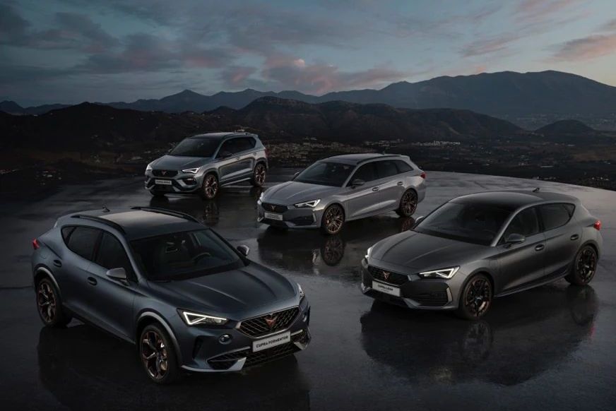 Na obrázku sú štyri moderné sivé športové SUV značky CUPRA zaparkované na mokrom asfalte. V pozadí vidieť hory a oblohu za súmraku.