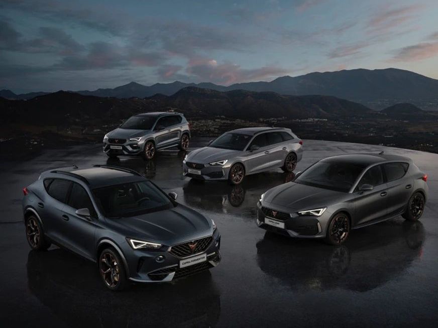 Na obrázku sú štyri moderné sivé športové SUV značky CUPRA zaparkované na mokrom asfalte. V pozadí vidieť hory a oblohu za súmraku.